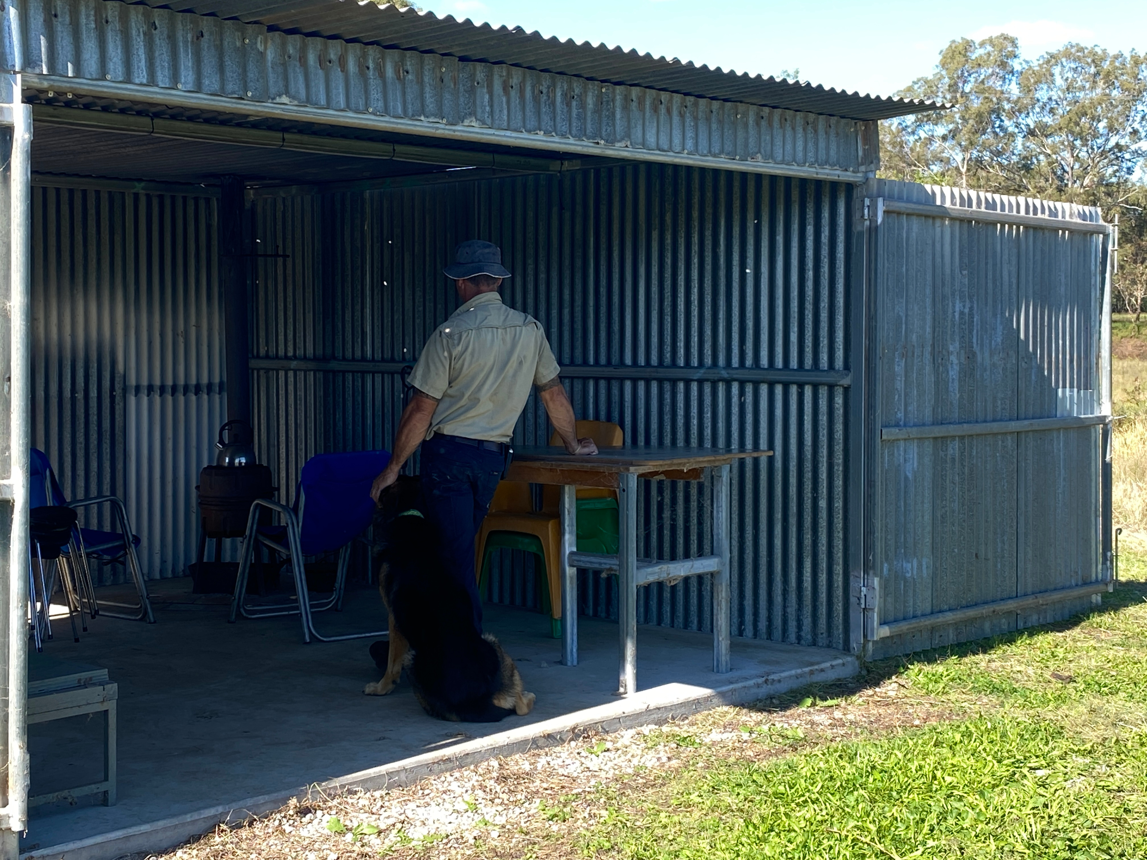 Steel shed is available as a shelter with pot belly stove and outdoor room for shower (byo camping shower). Great to warm up on a winters night.