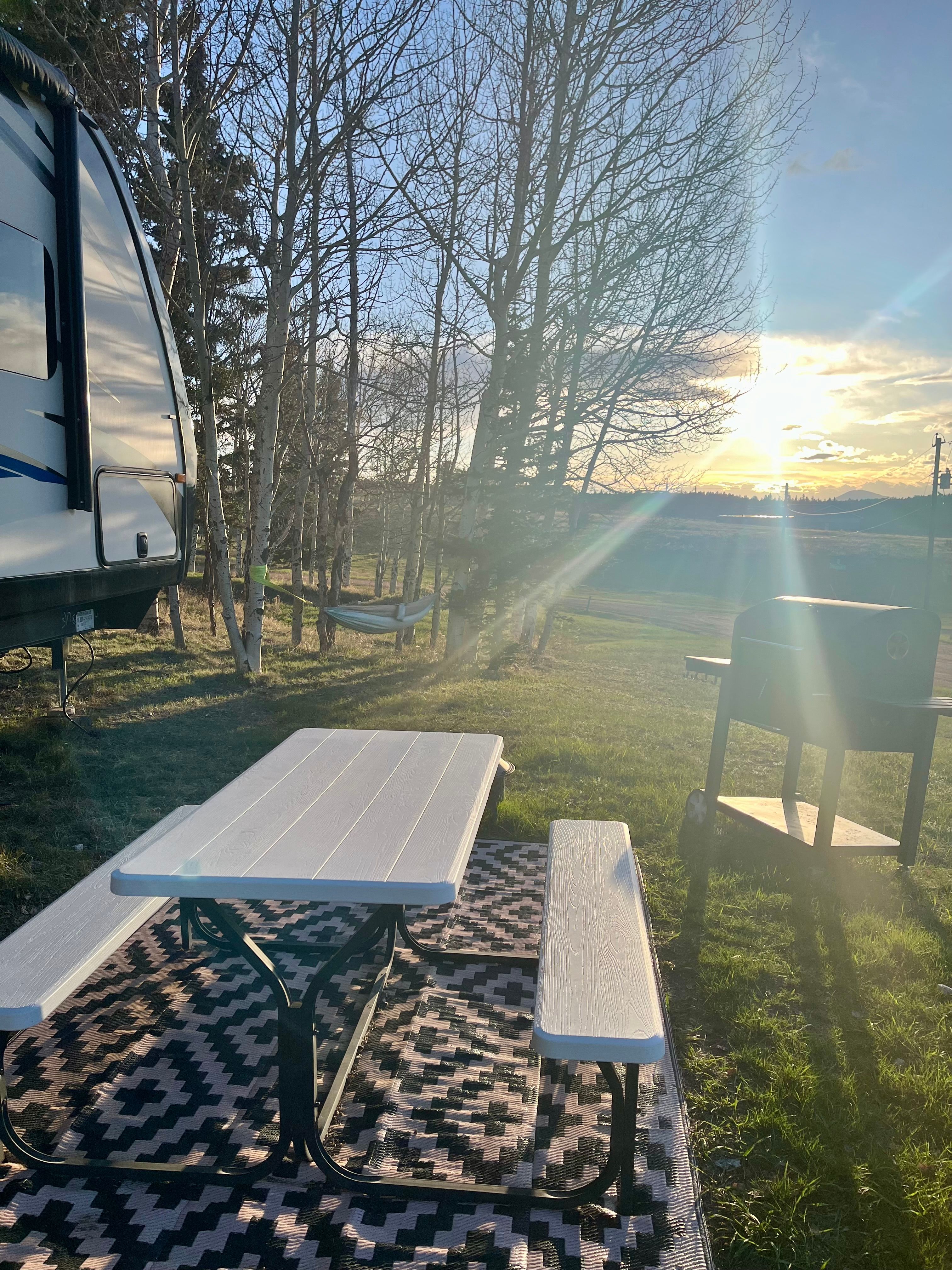 A great place to watch the sunset. Enjoy our picnic table, fire pit, bbq grill and hammock 