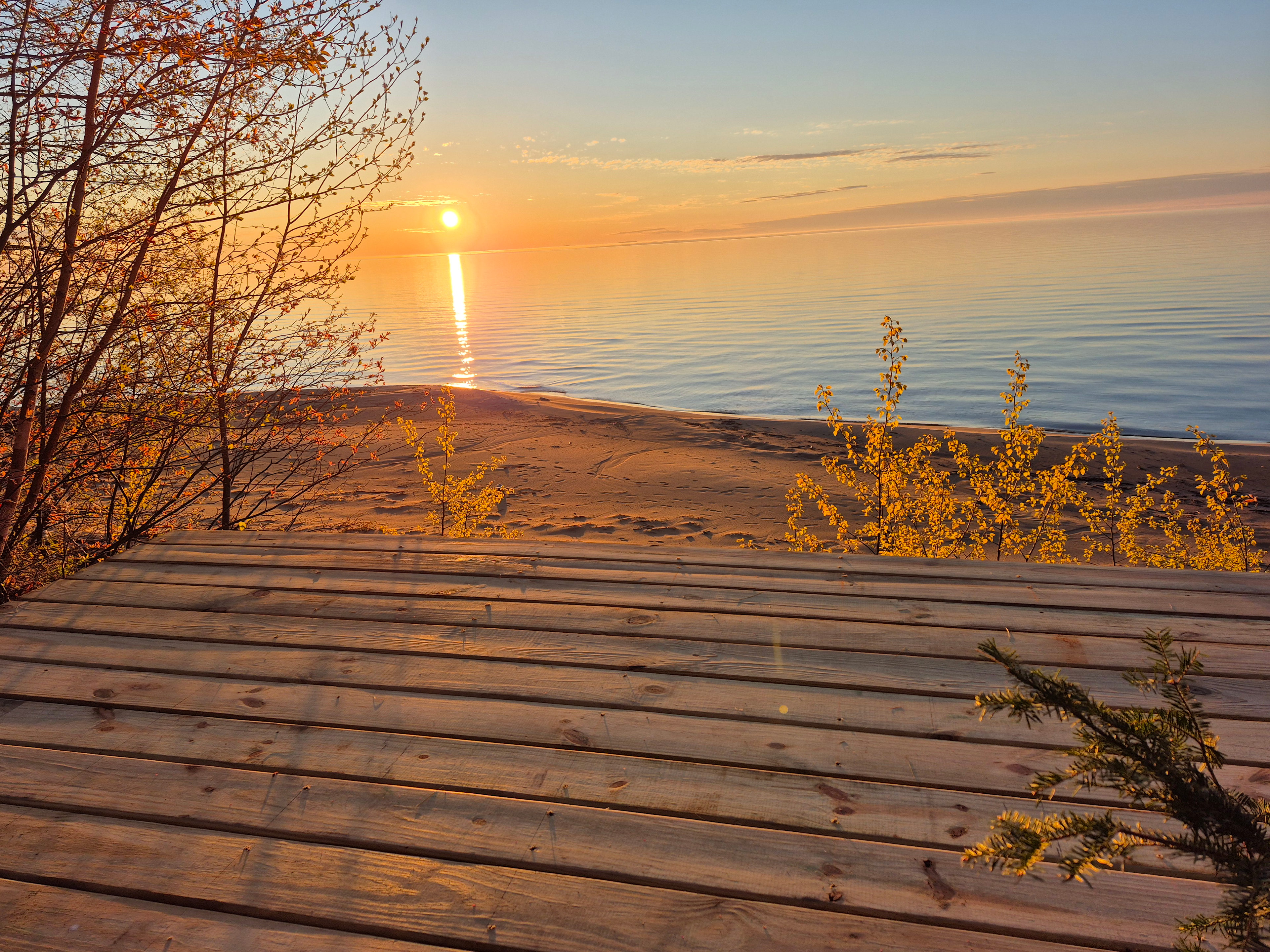 Sunrise over Whitefish Bay from deck