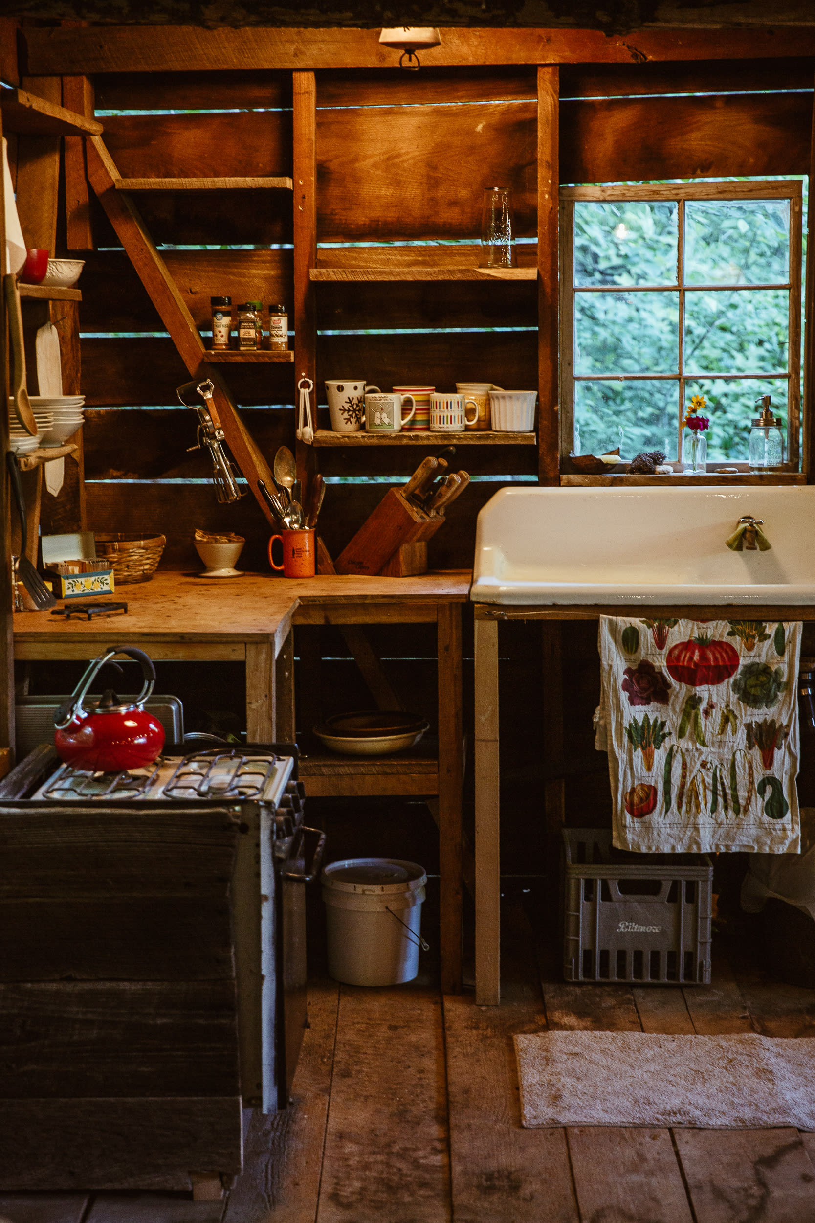 Full kitchen with propane stove & oven, sink with potable spring water (no hot water) and a mini fridge. Kitchenware provided.