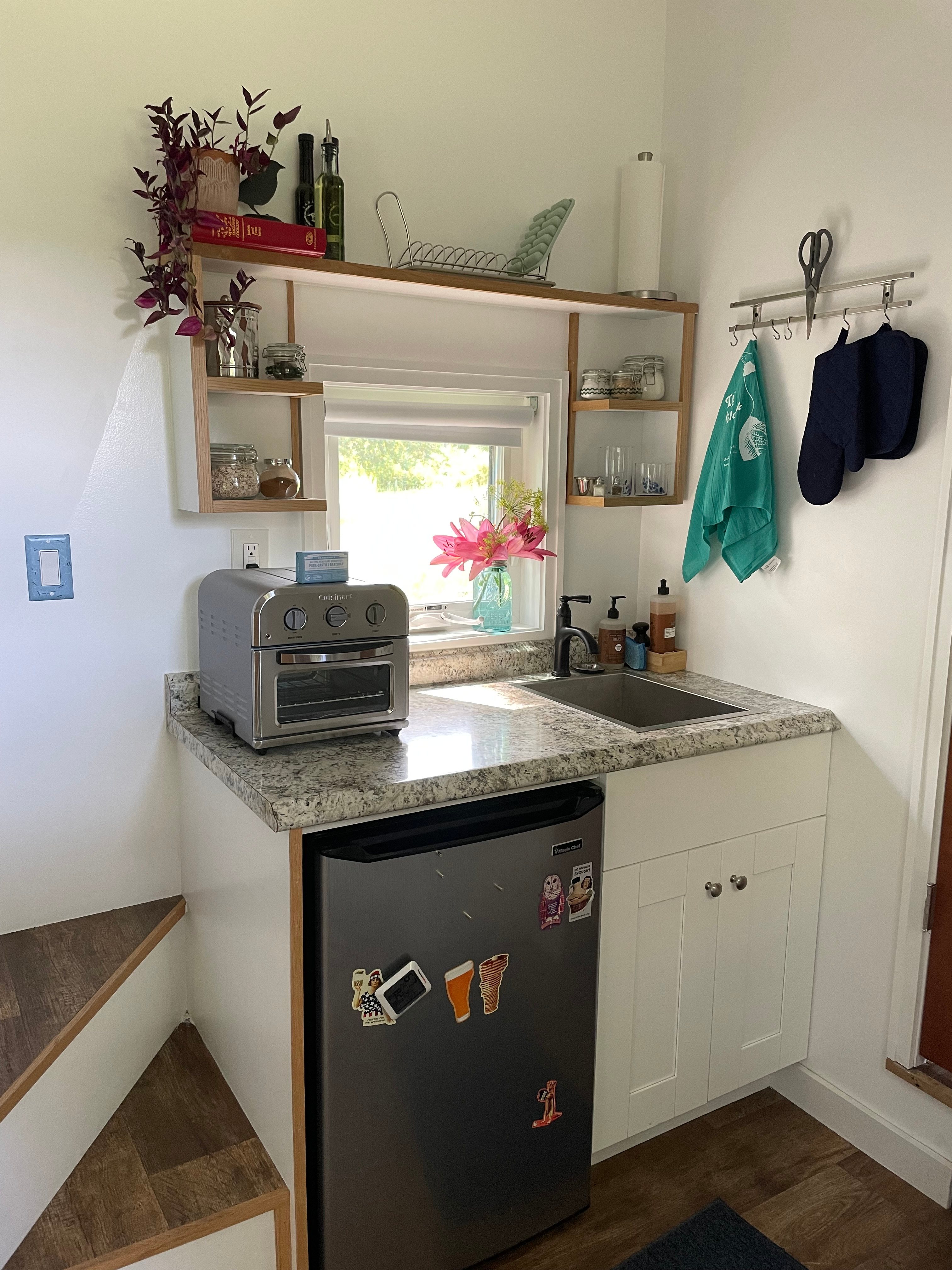 Our kitchen comes stocked with oatmeal, cinnamon, sugar, cooking oil, and some spices for your stay. There is a tabletop air fryer/toaster oven. We offer a fully stocked coffee and tea bar, but bring your own creamer if you need it! 
