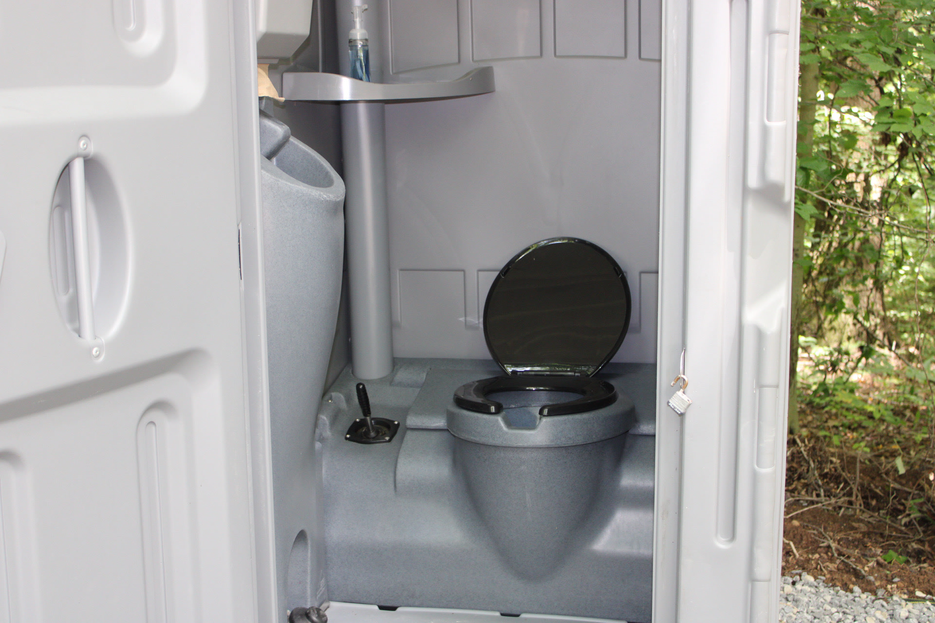 Inside of the portable restrooms. They are flushable!