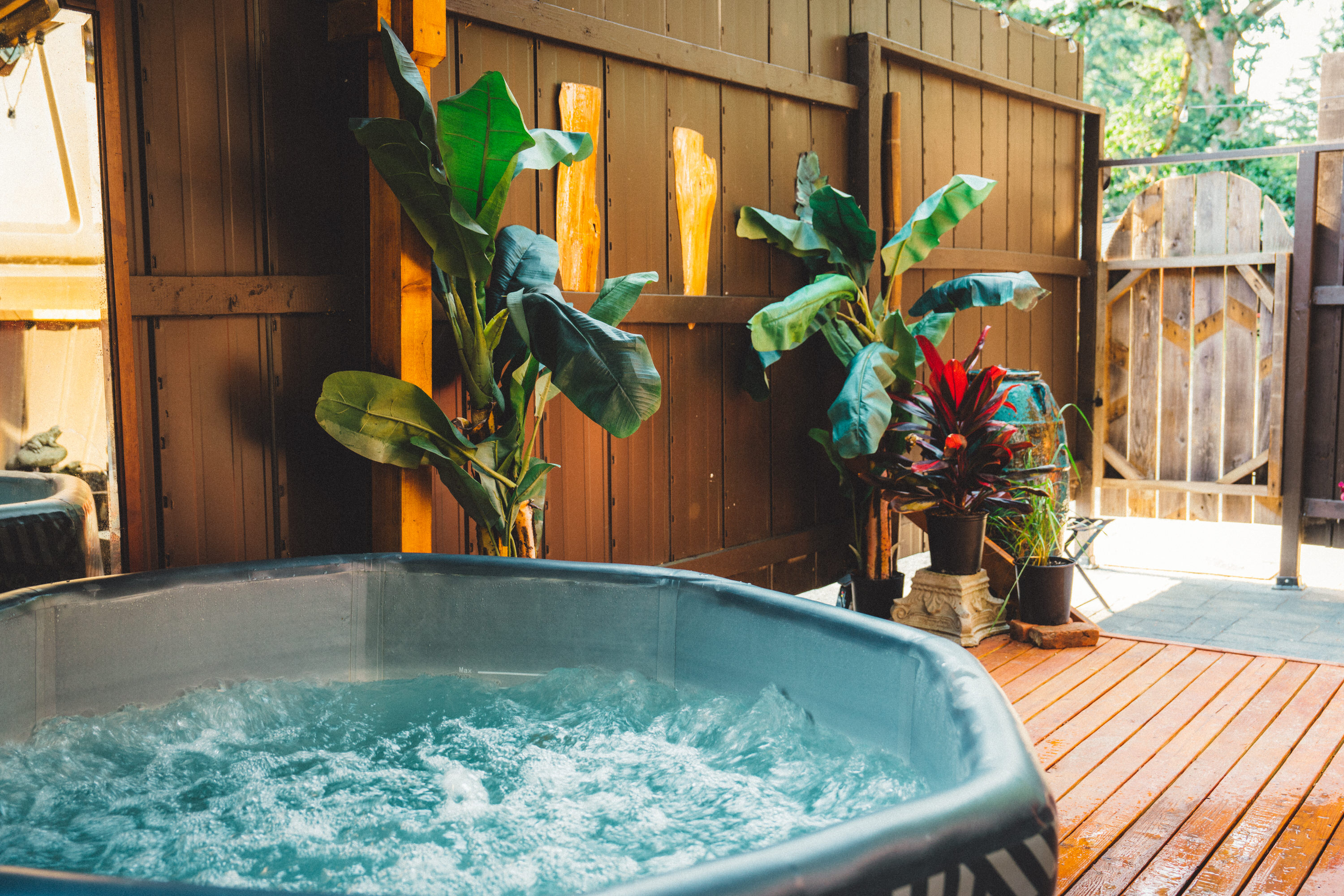 The hot tub on the patio.
