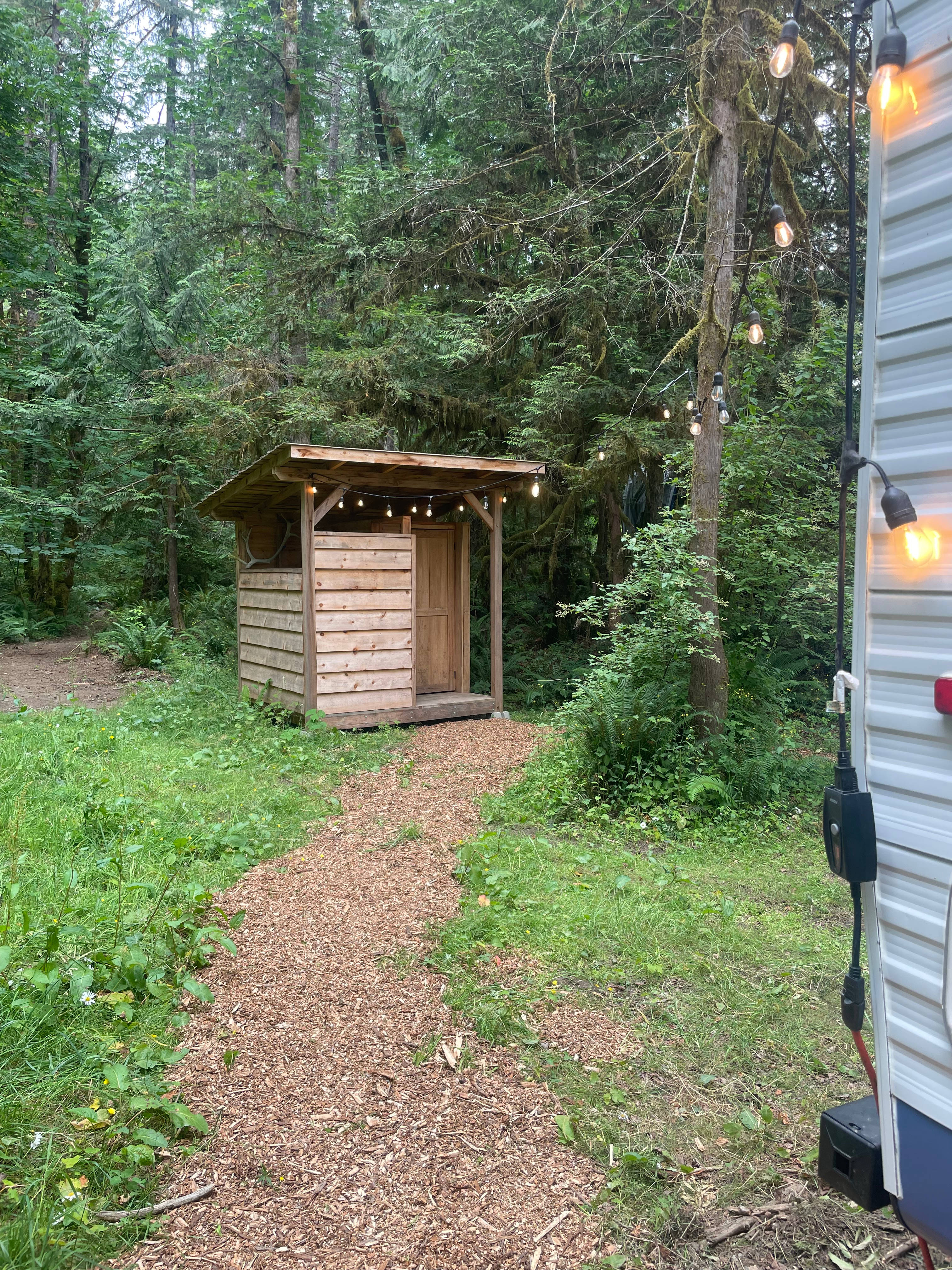 The composting toilet is a short walk from the RV and has strong lights to guide your way at night.