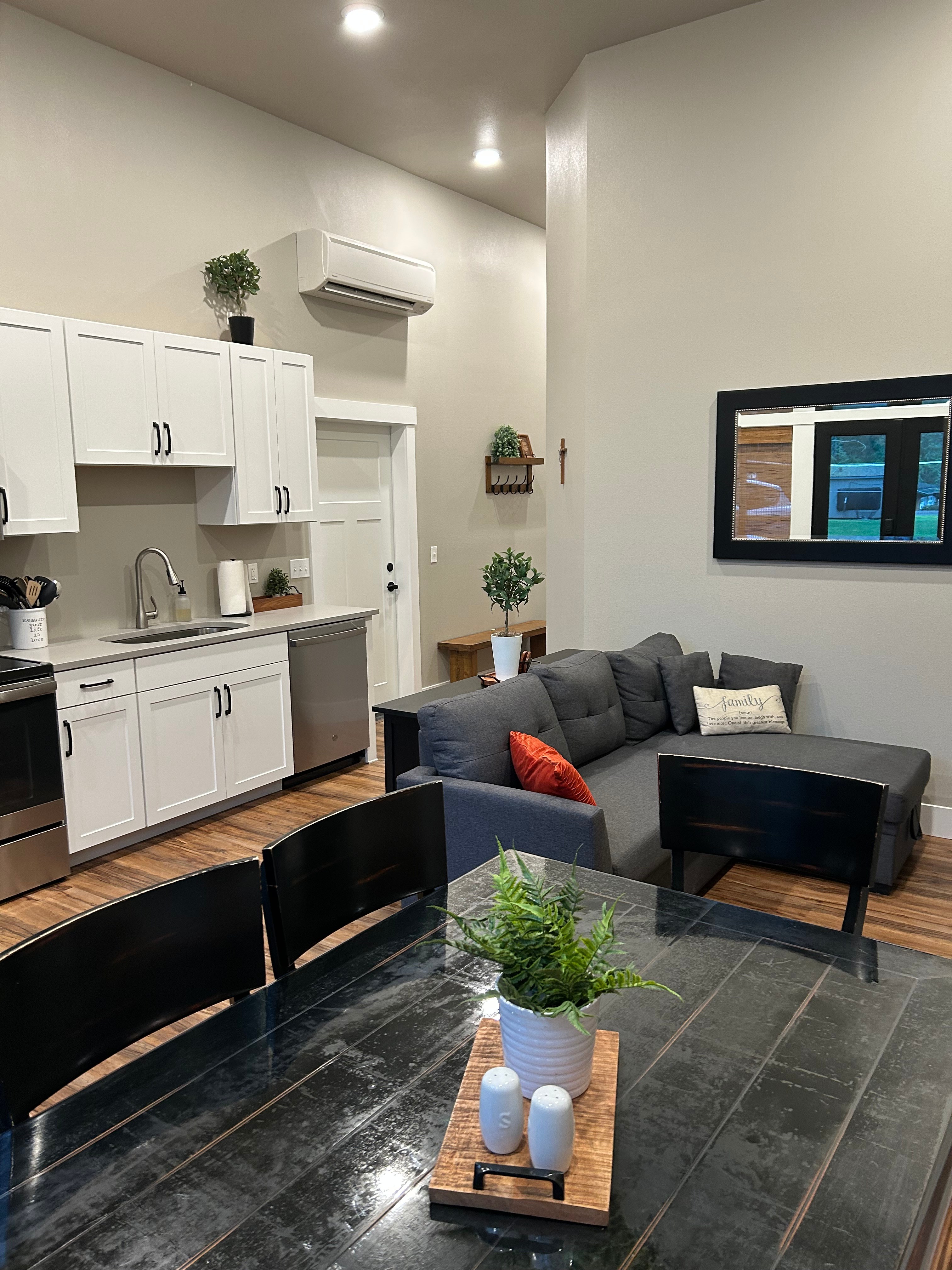 Apartment - open concept living room, dining room and kitchen.