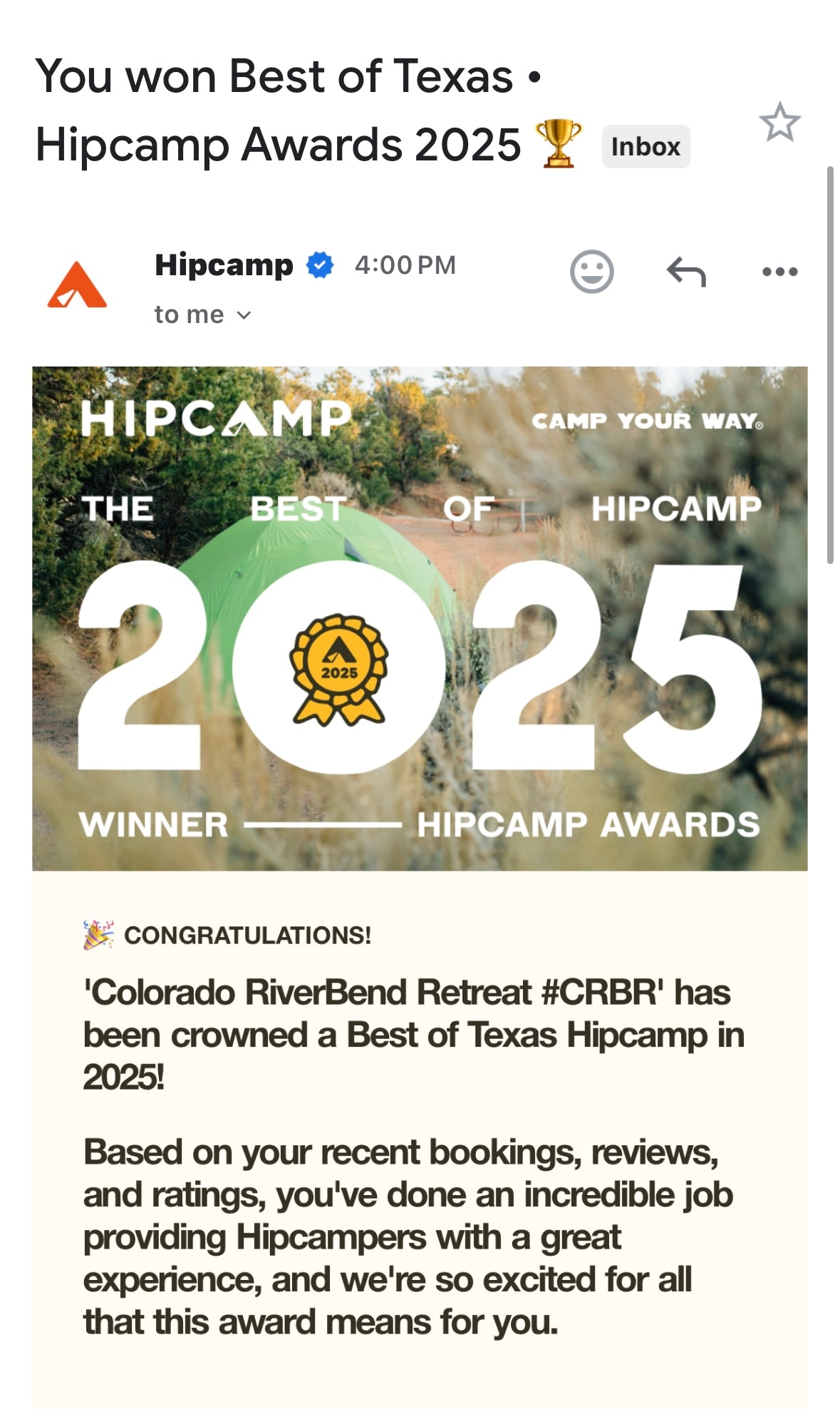 BEST IN TEXAS 2025!!! THANK YOU TO HIPCAMP AND ALL OF OUR FANTASTIC HIPCAMPERS!!! ITS BEEN THE ONE OF THE JOYS OF MY LIFE!!! 