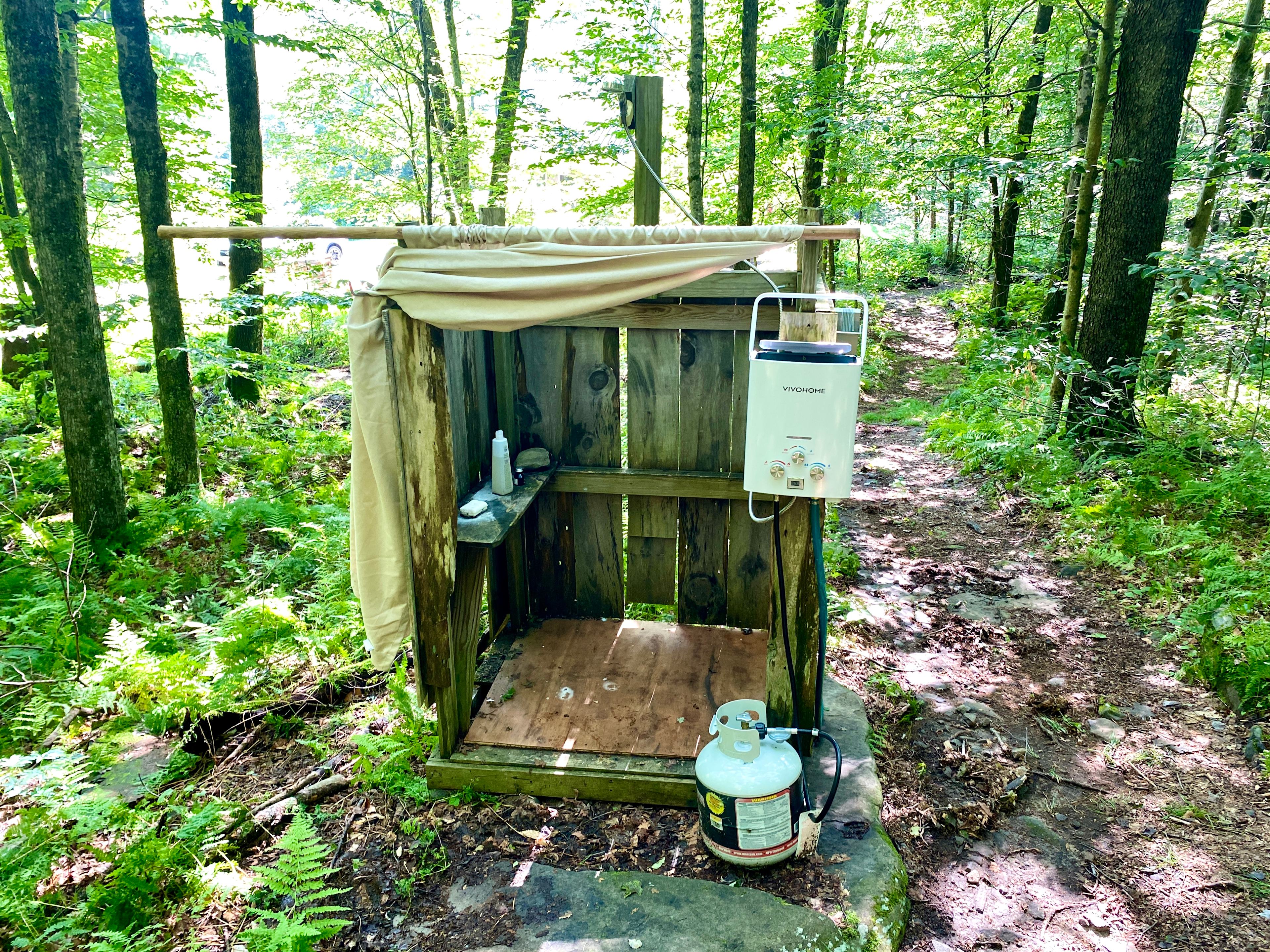 Hot water shower is located along the trail to camp. 
