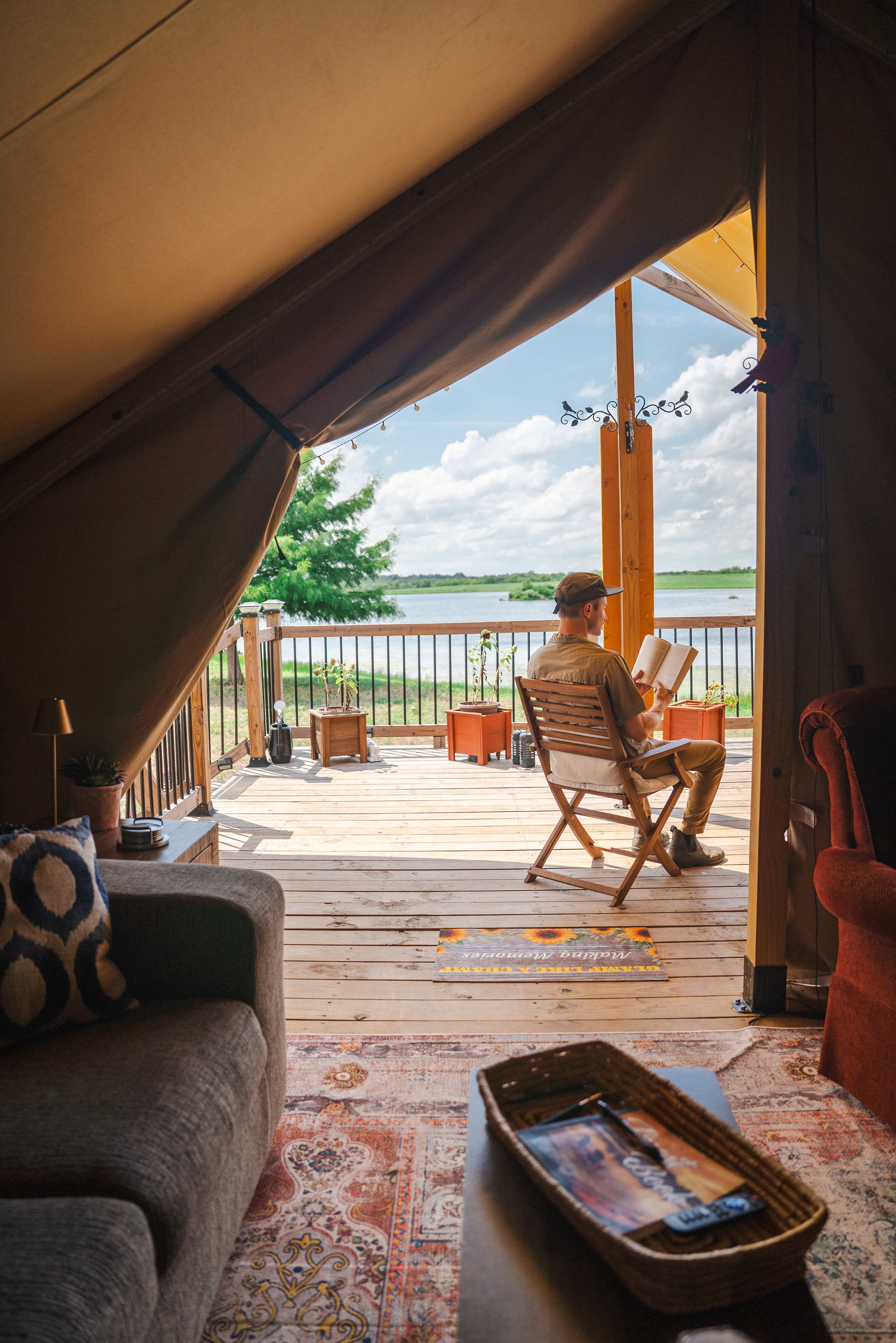 views of the pond from inside the tent