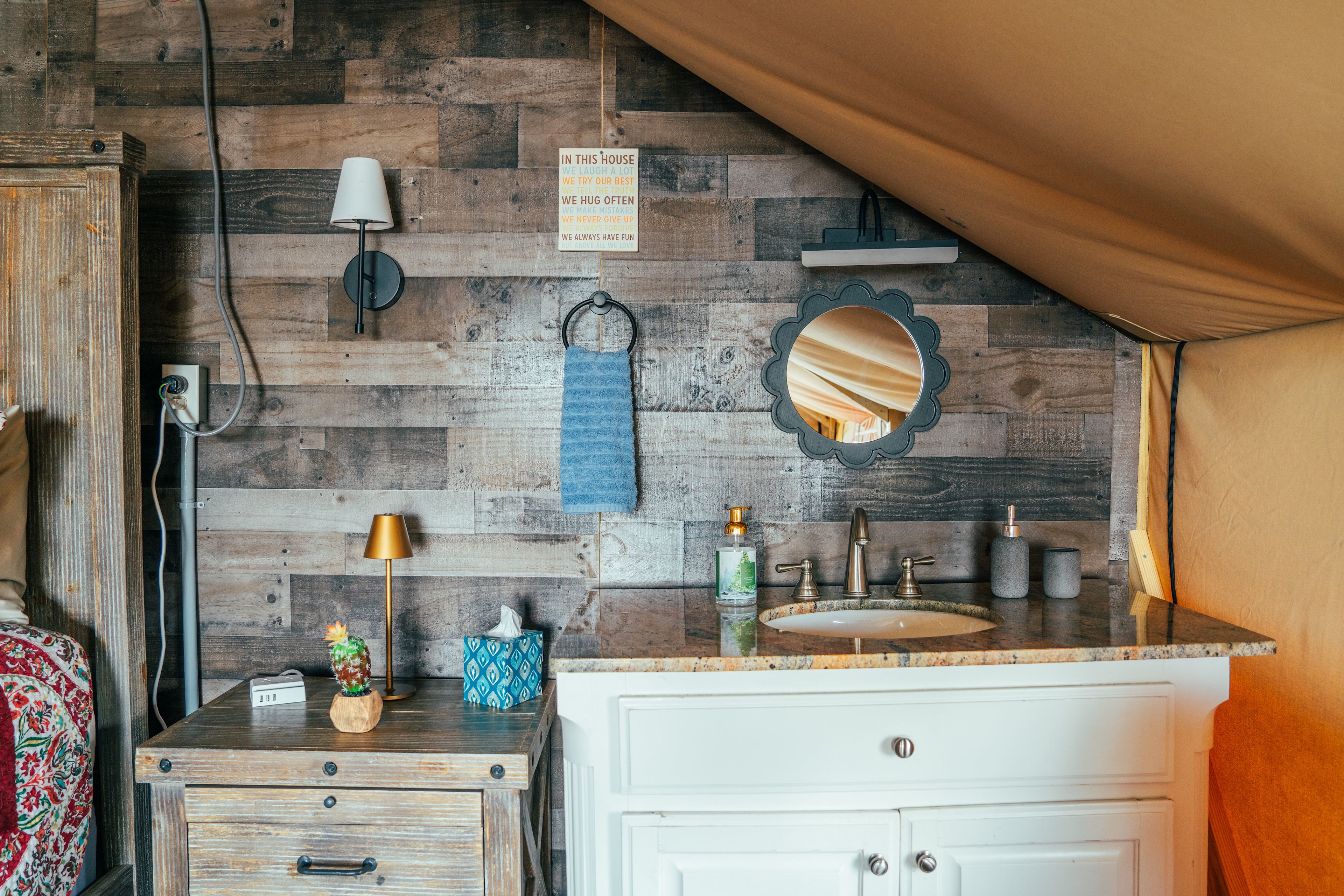 indoor sink area inside glamping tent 