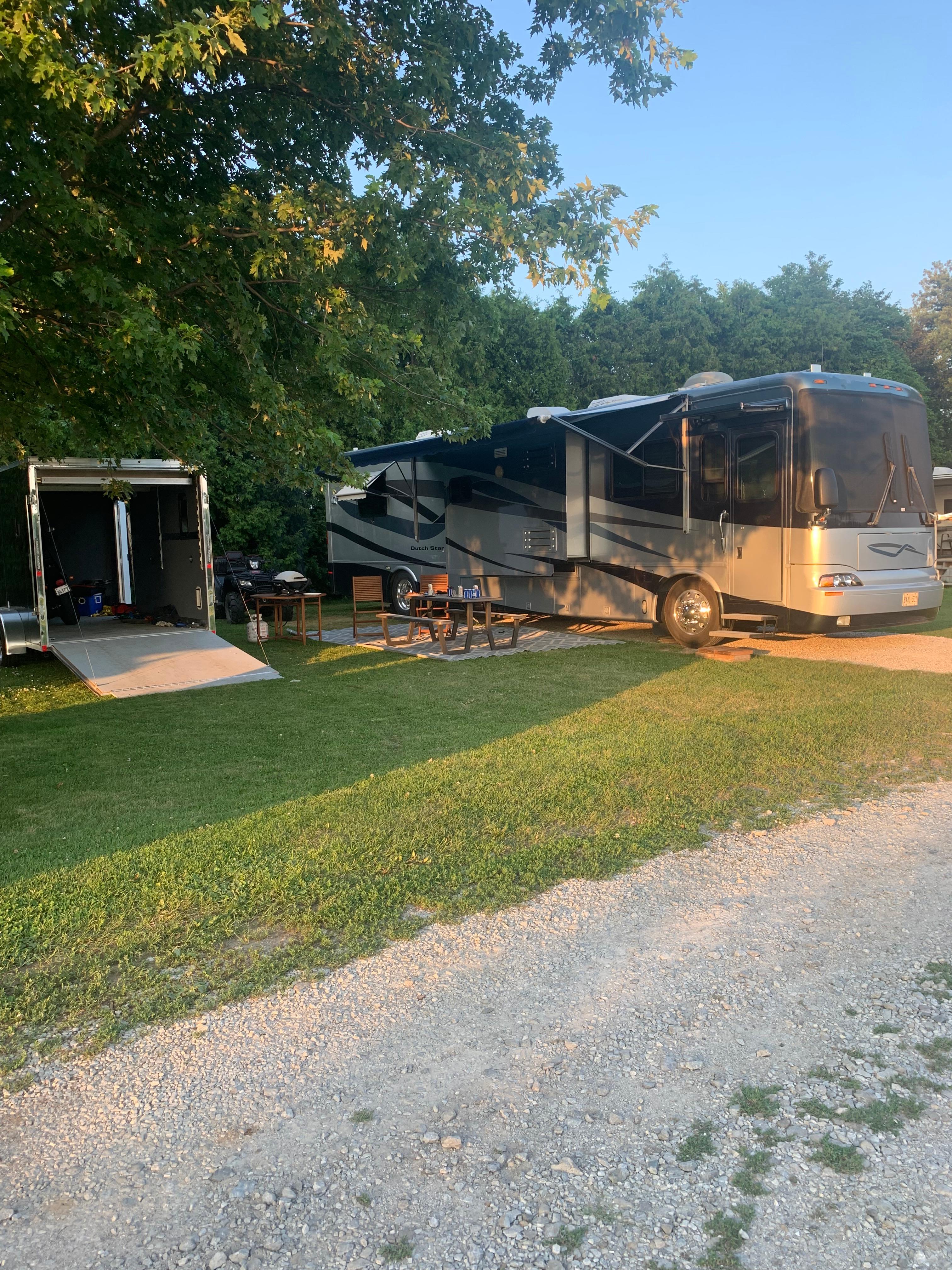 Our 40 foot coach fit great at our site!! Trailer fit as well with lots of extra room for a fire and the picnic table provided