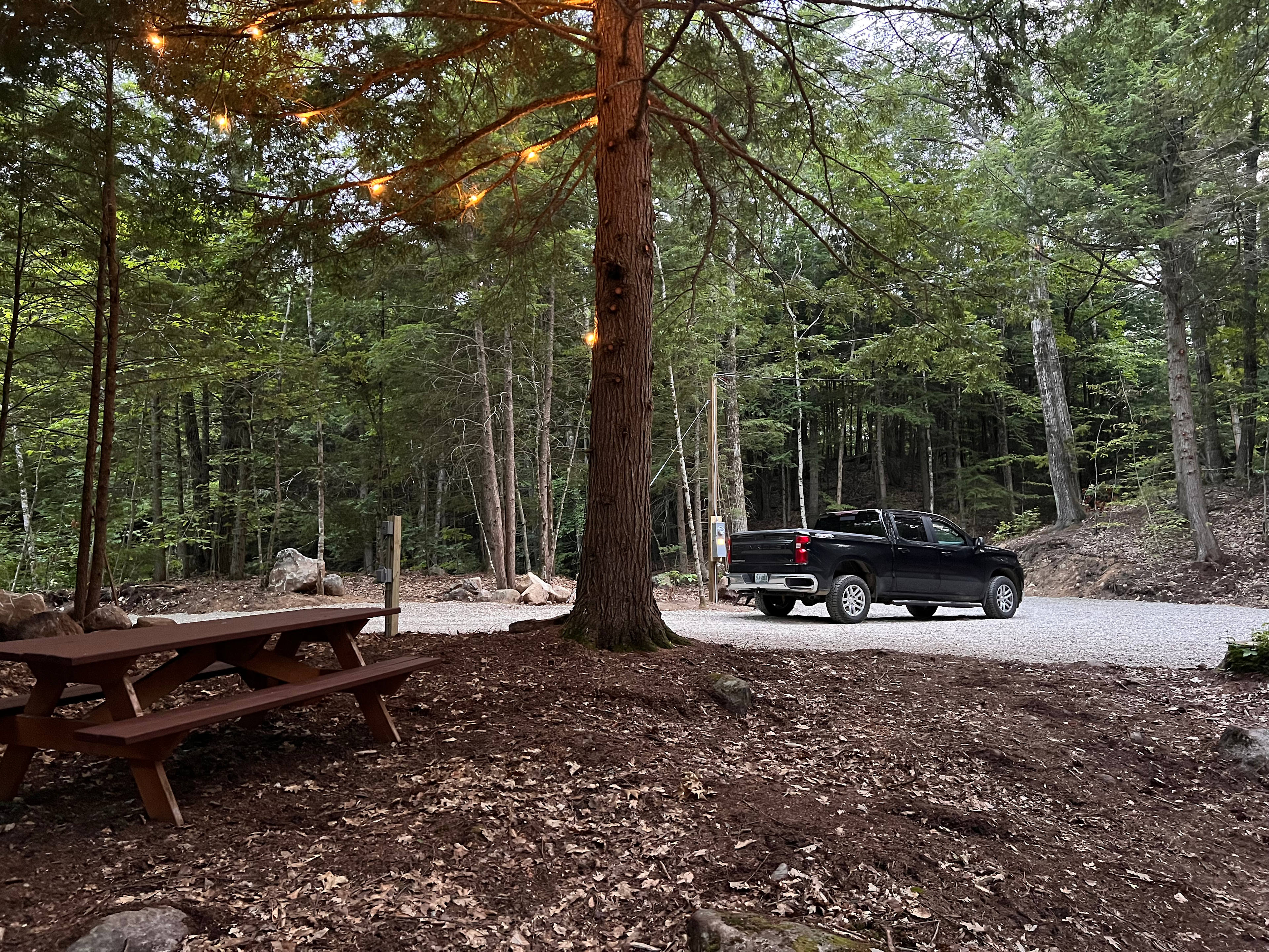 Softly lit picnic area.