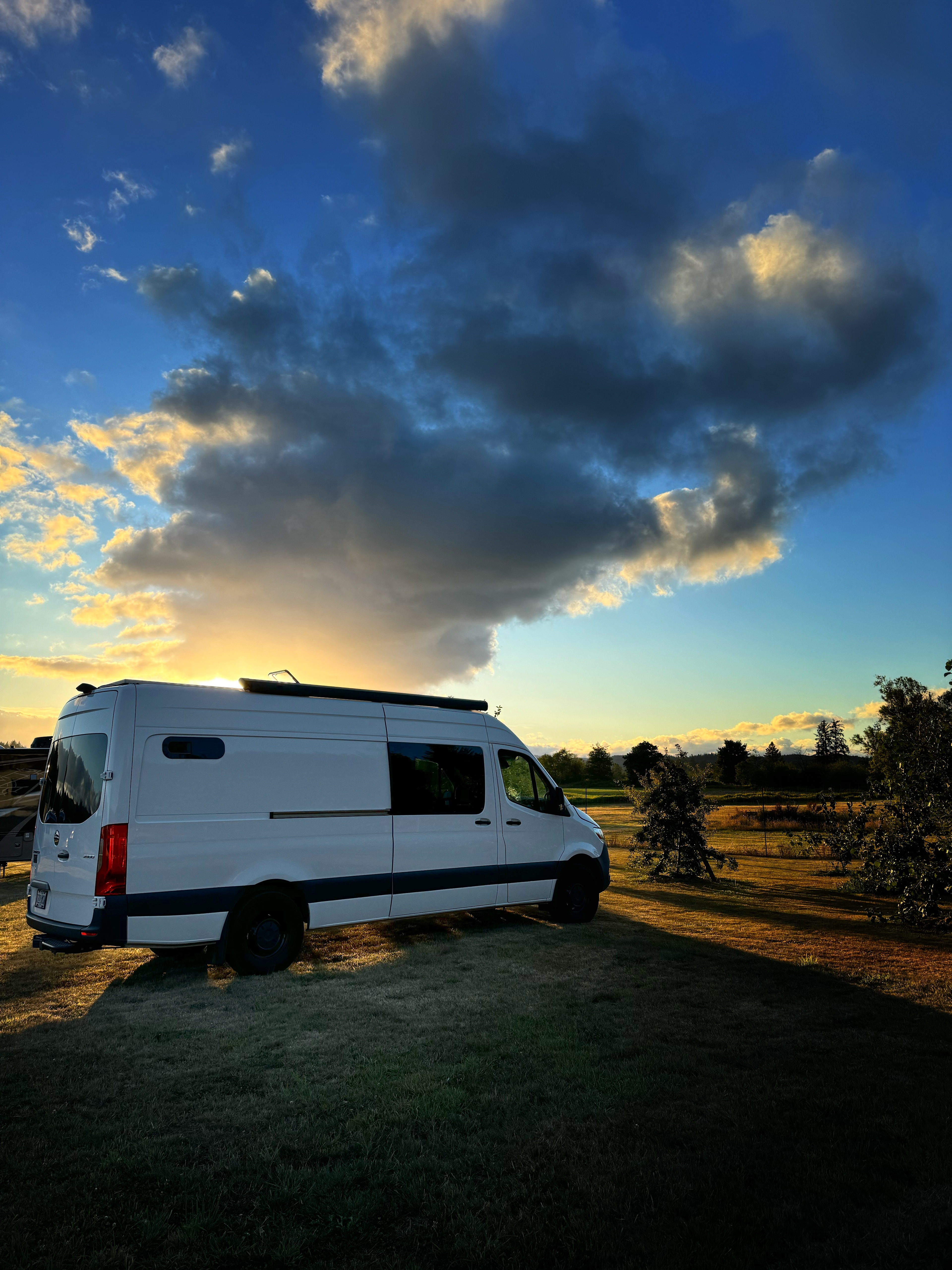 Parked along the apple trees in our Sprinter van
