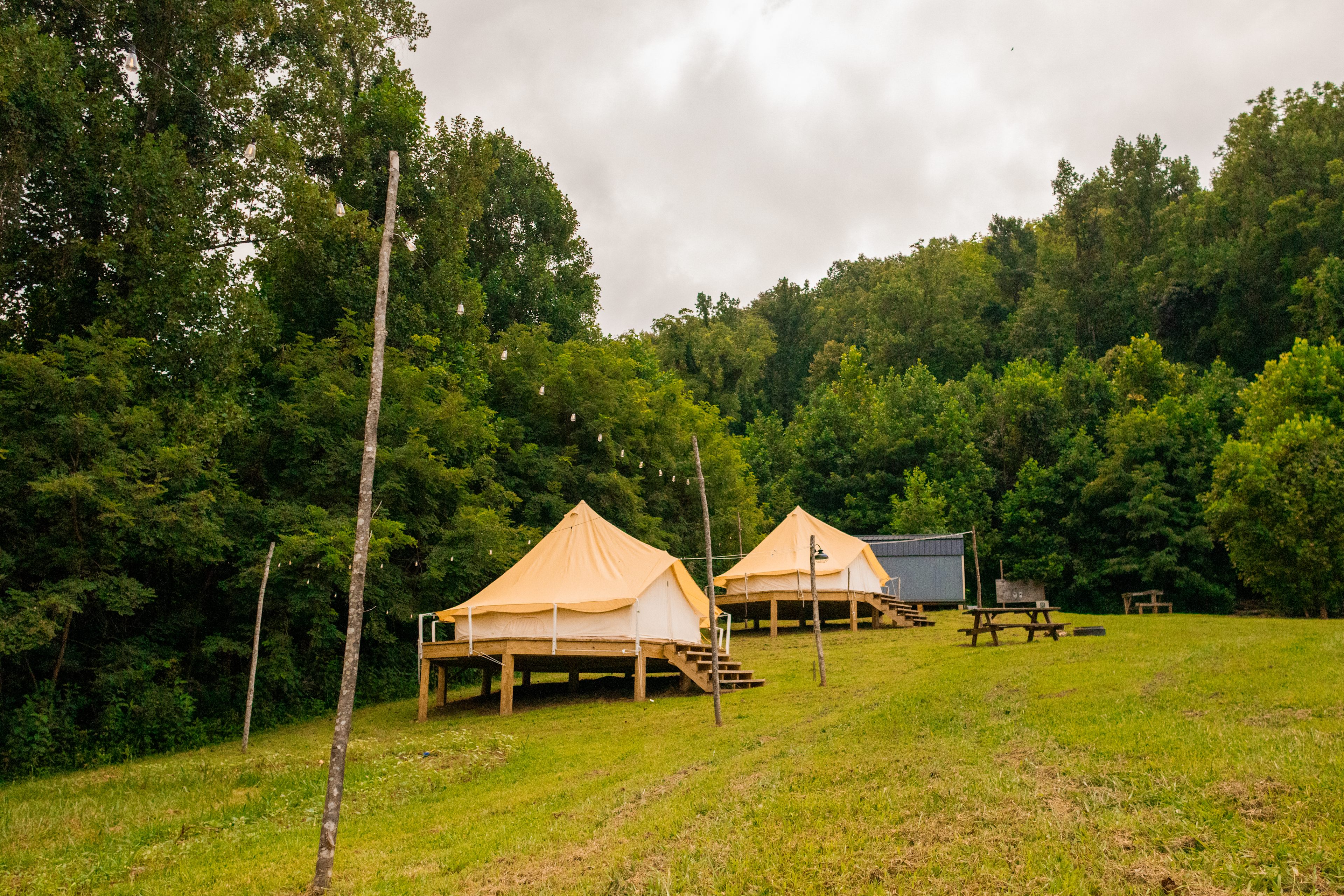The bell tents just down the hill from the larger glamping tents are another great option for a stay.