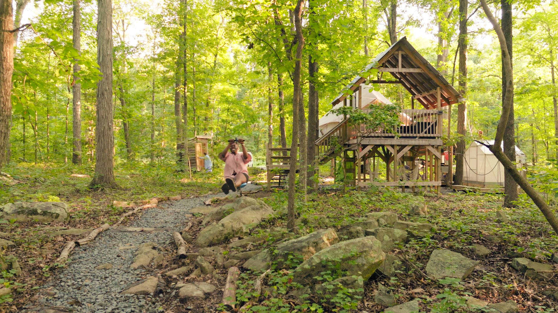 Riding the zip line that runs from the main structure down to the patio in the woods — hands down my favorite part! 