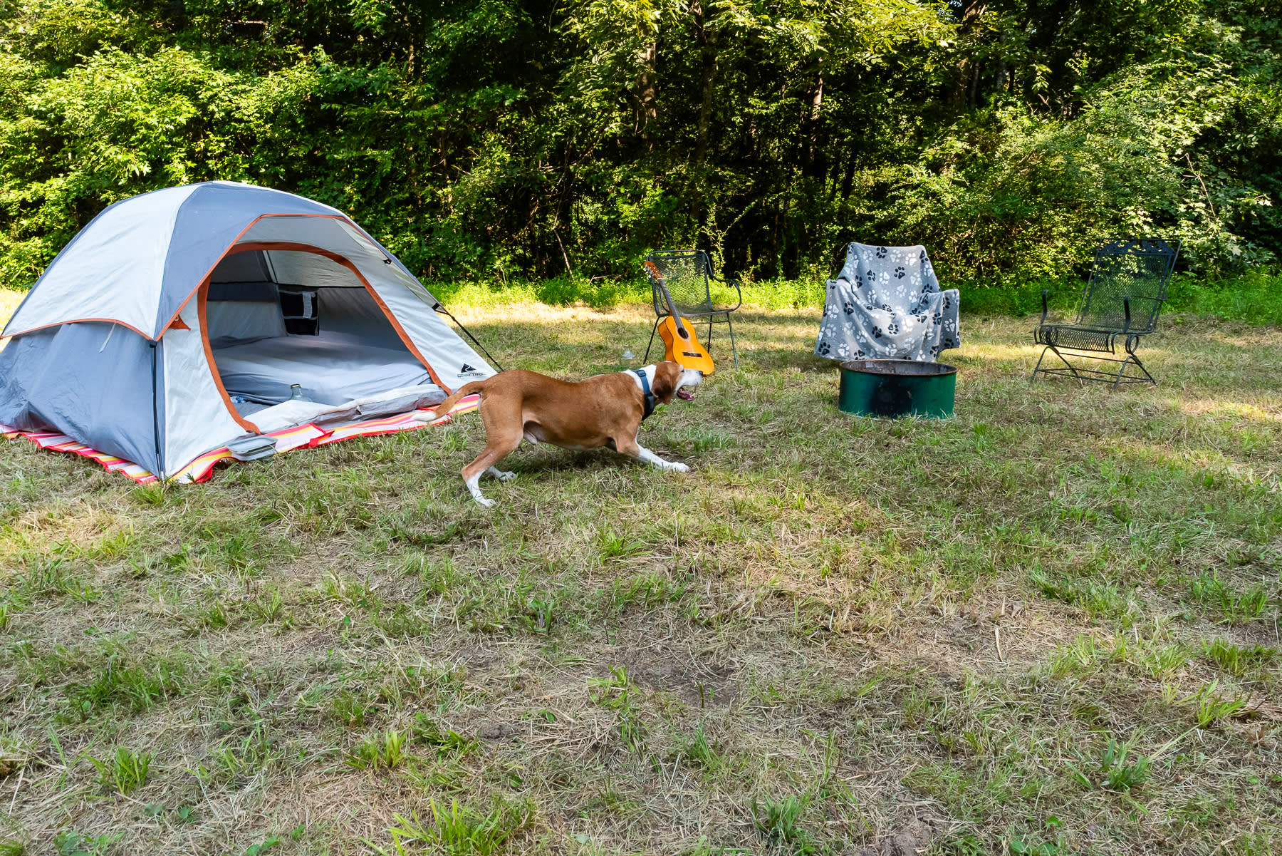 Louis and I setting up our camp site and tent bedding