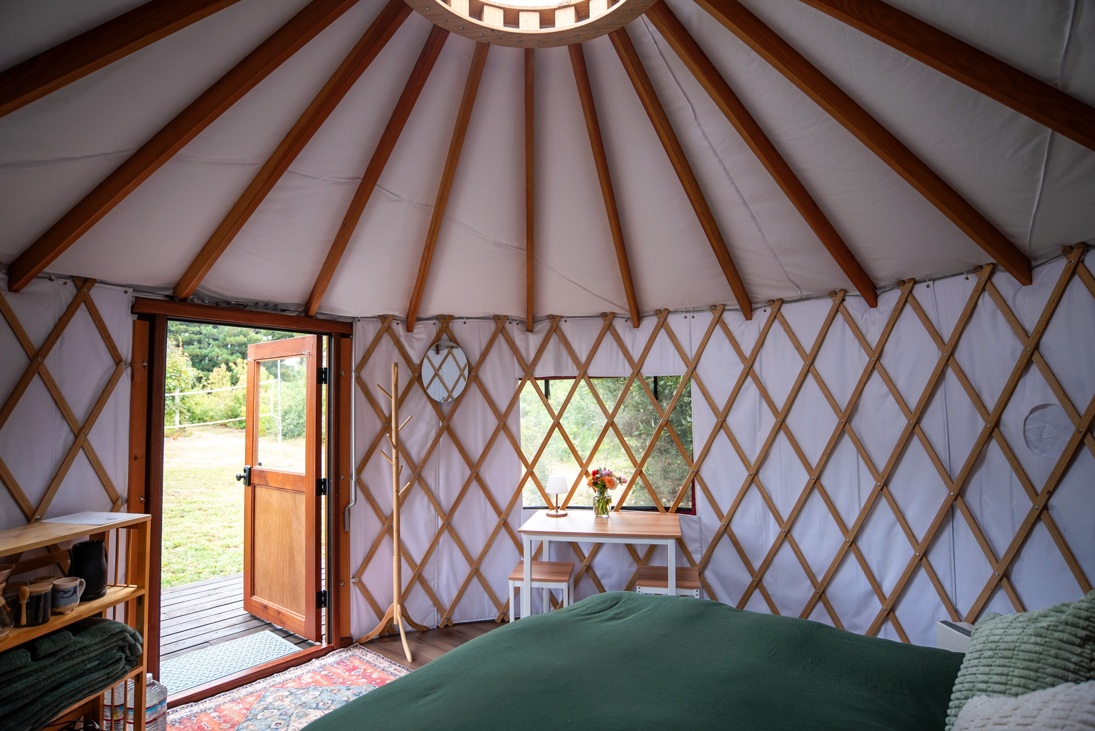 Inside the cozy yurt.