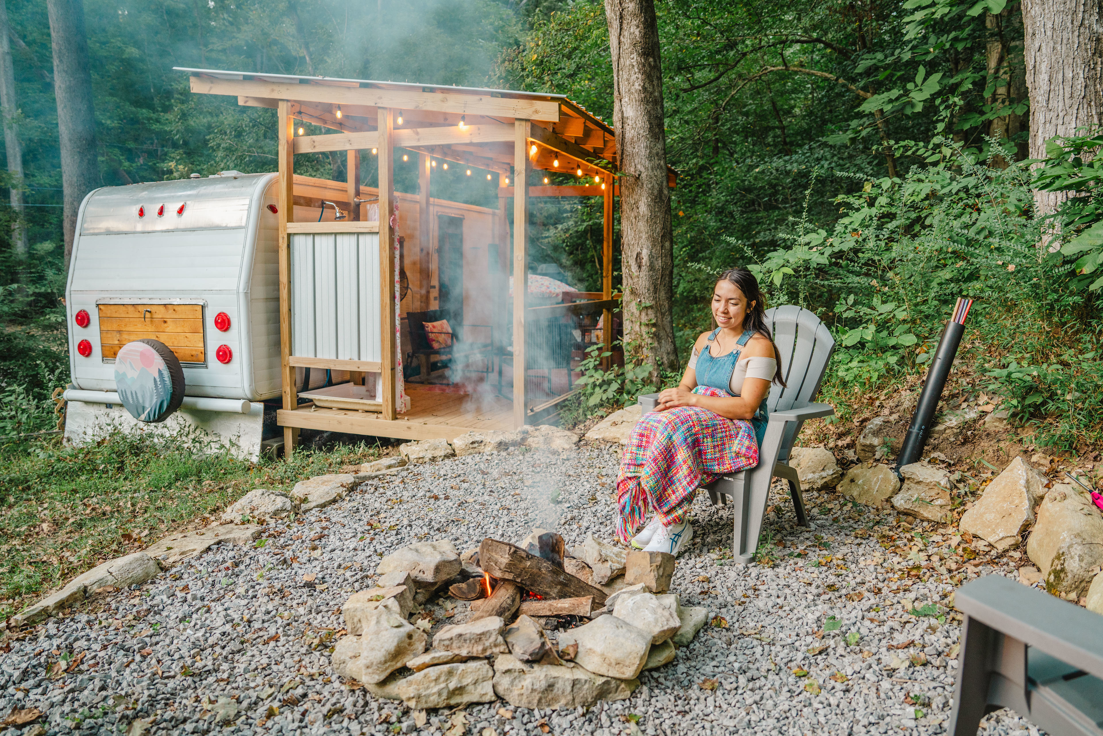 enjoying the firepit next to the camper