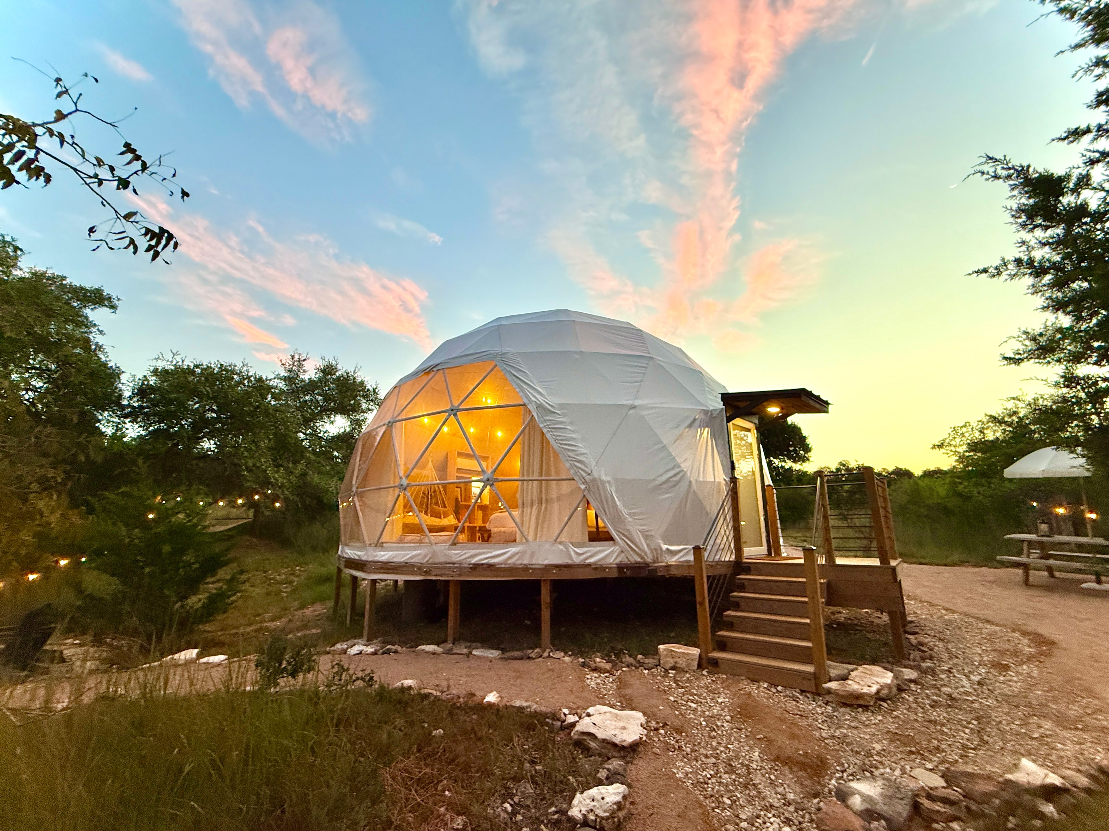 The Dome is a unique space using primary upcycled materials. Enjoy a private hot tub, firepit, grill, outdoor dining and ensuite bathroom.