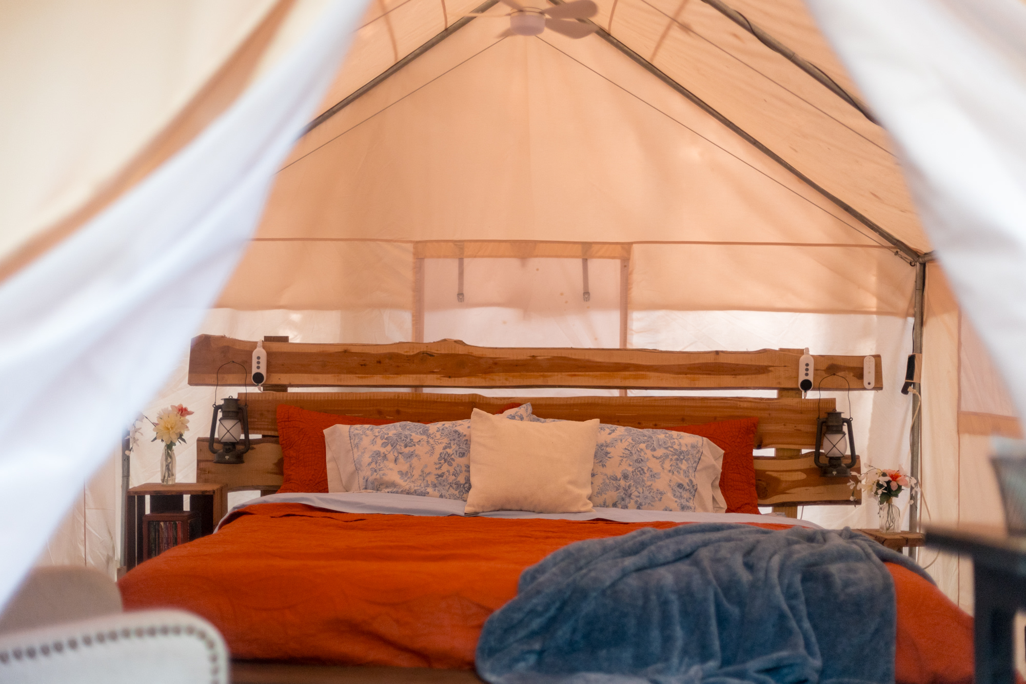 Camping meets comfort with our tent, soft bedding, and heated mattress pads.