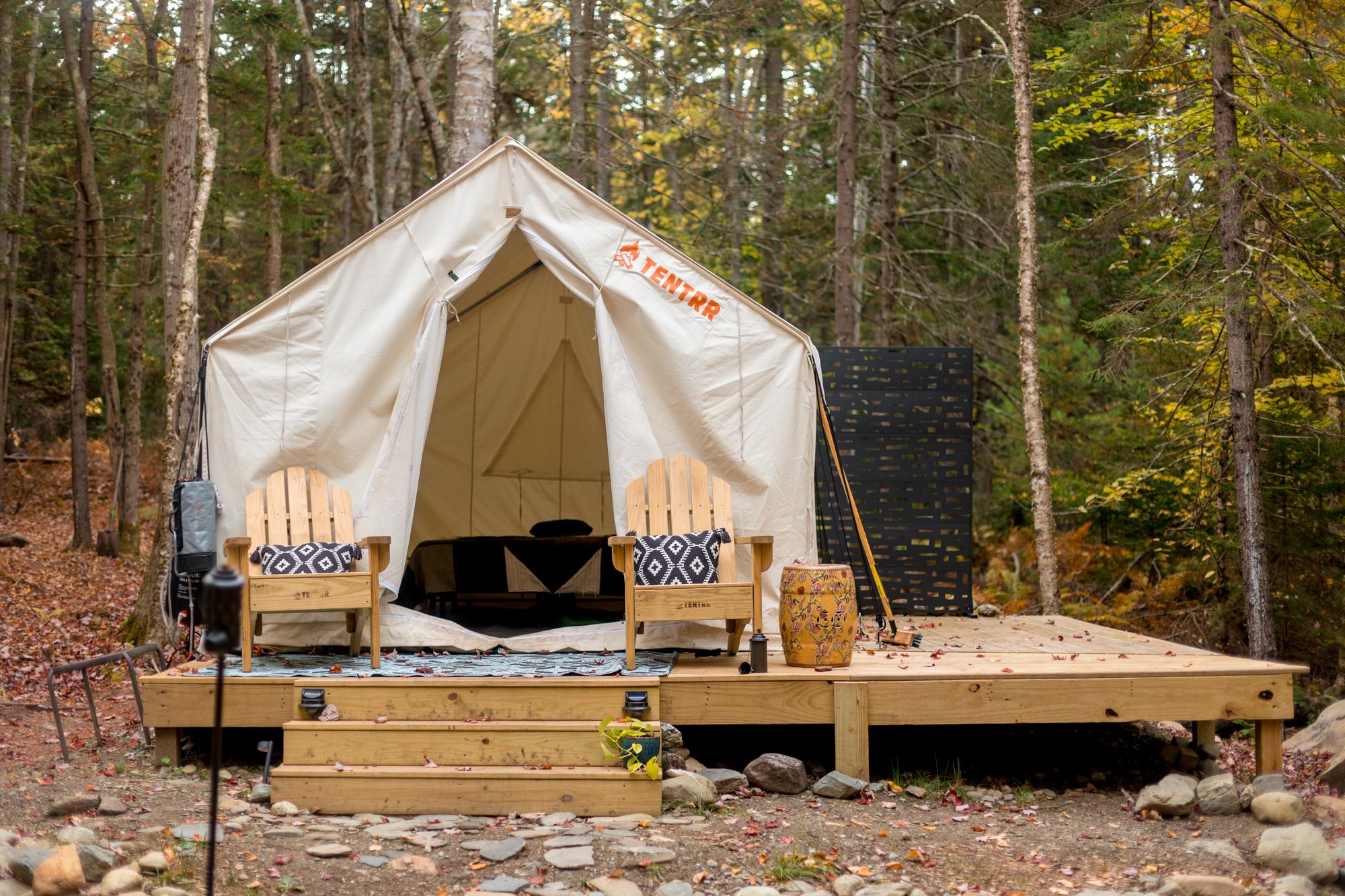 A full view of the tent and deck