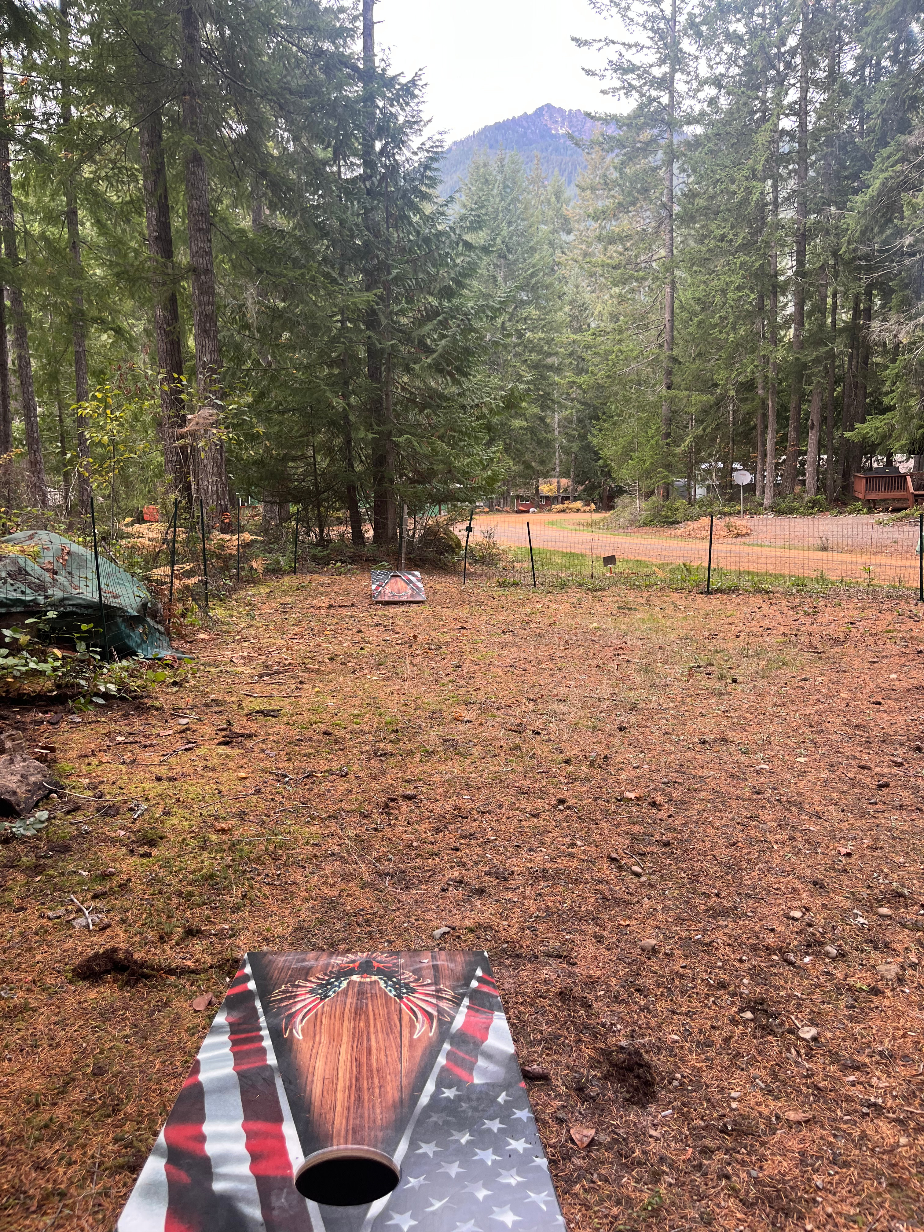 Enjoy cornhole in the peaceful division, with views of Mt. Ellinor in the backdrop.