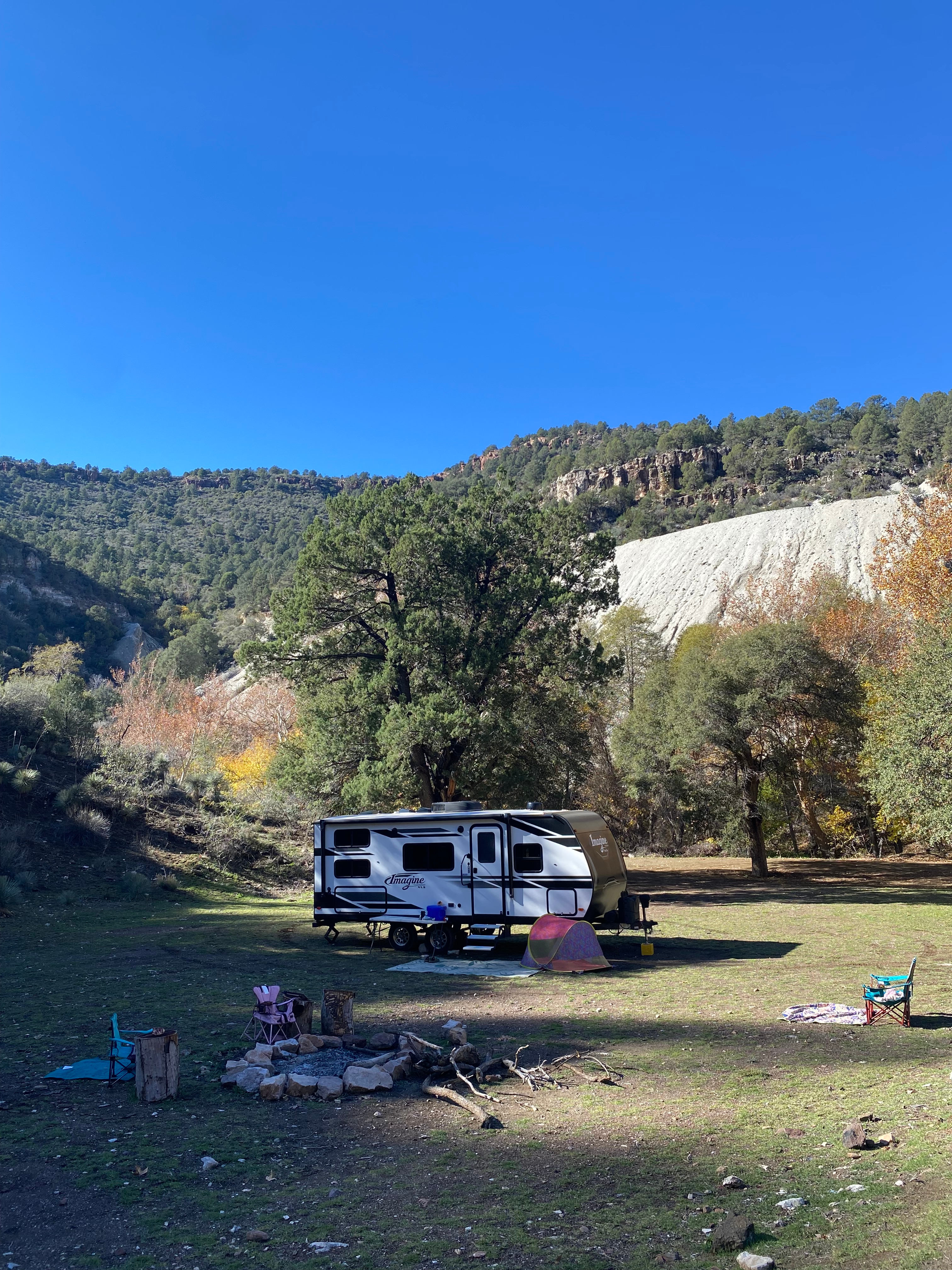 Plenty of space for our trailer / view of one of the mines in the background 