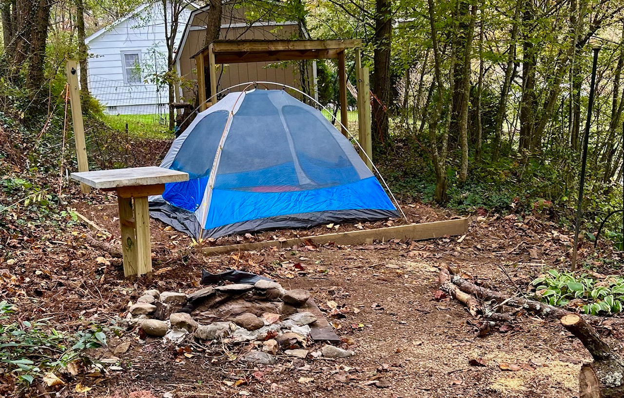 A table for two near the firepit makes for a nice place to have dinner. The marble from the table came from the mine this community is named after.