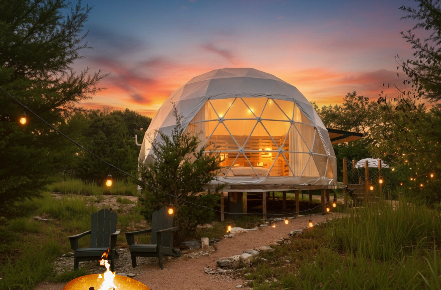 The Dome is a unique space using primary upcycled materials. Enjoy a private hot tub, firepit, grill, outdoor dining and ensuite bathroom.