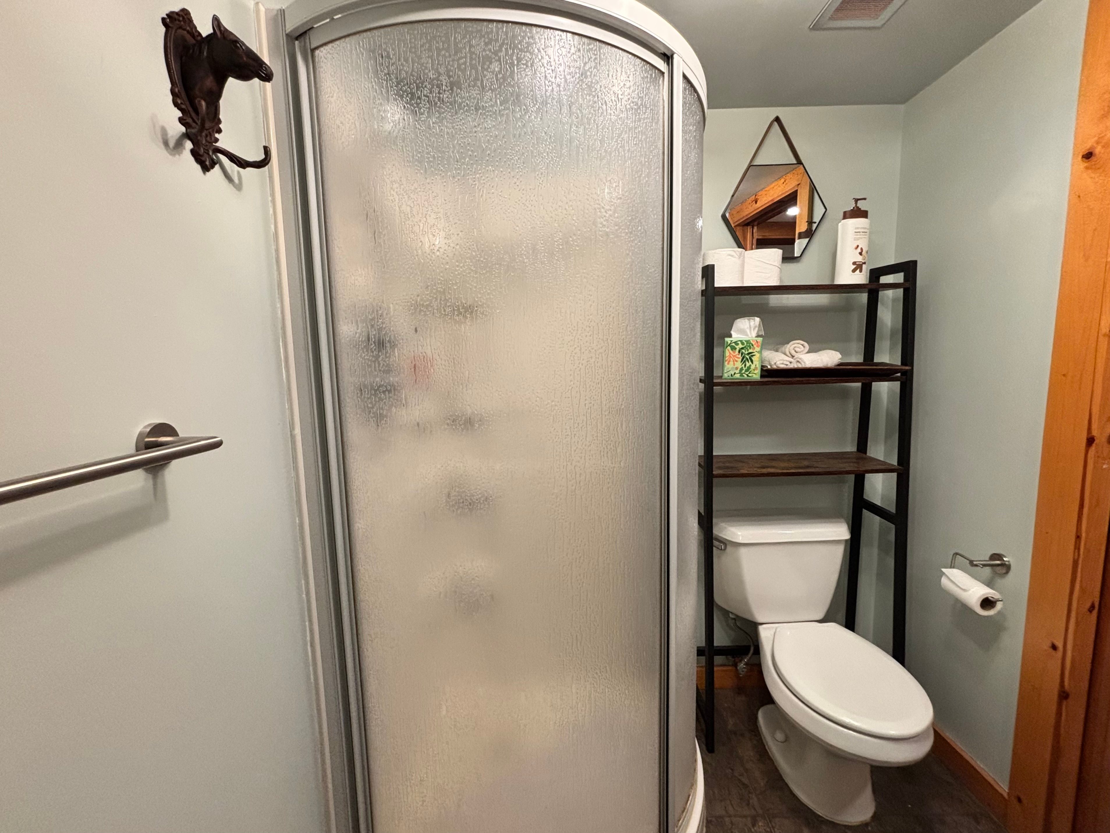 You'll find fresh towels, a toilet, a shower, and a sink waiting for you in the farmhouse bathroom. To help us conserve water and protect our septic system, we provide one towel per guest for the duration of your stay. If you're heading to the Cannon River for a swim, please make sure to bring your own beach towels!