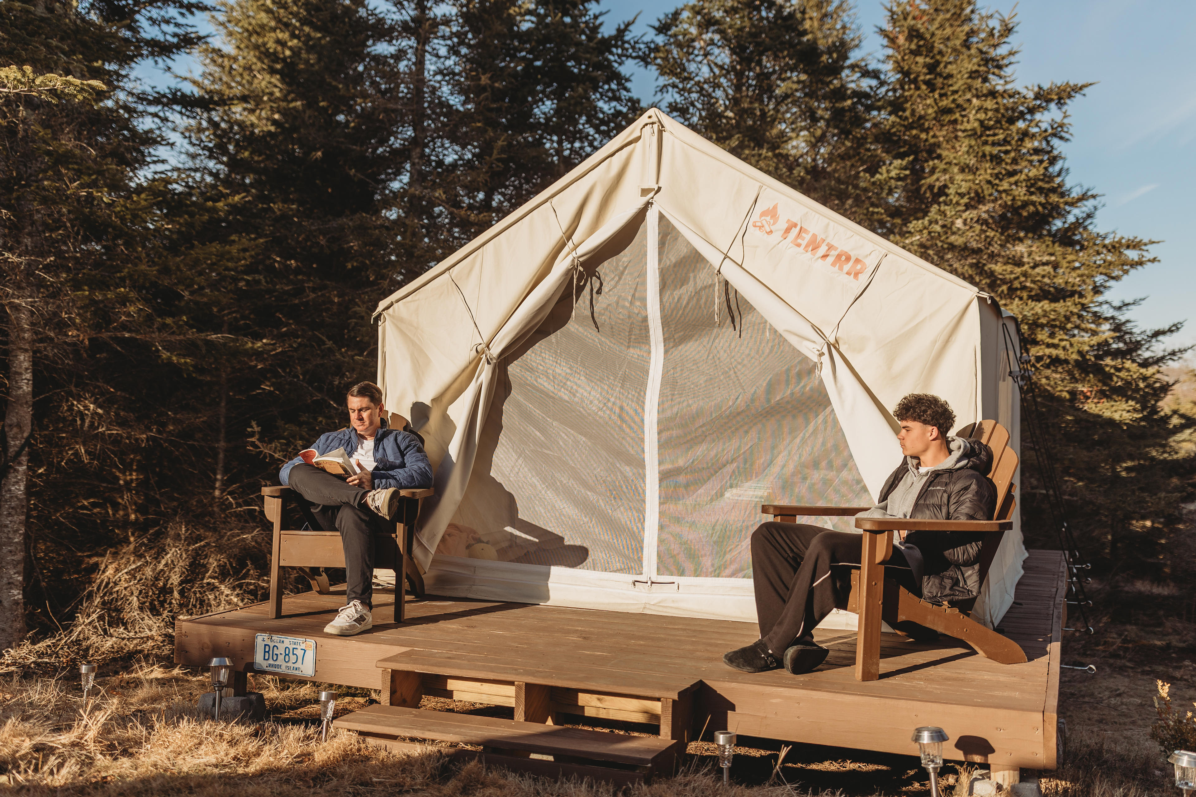 Basking in the sunshine on the porch of our tent.