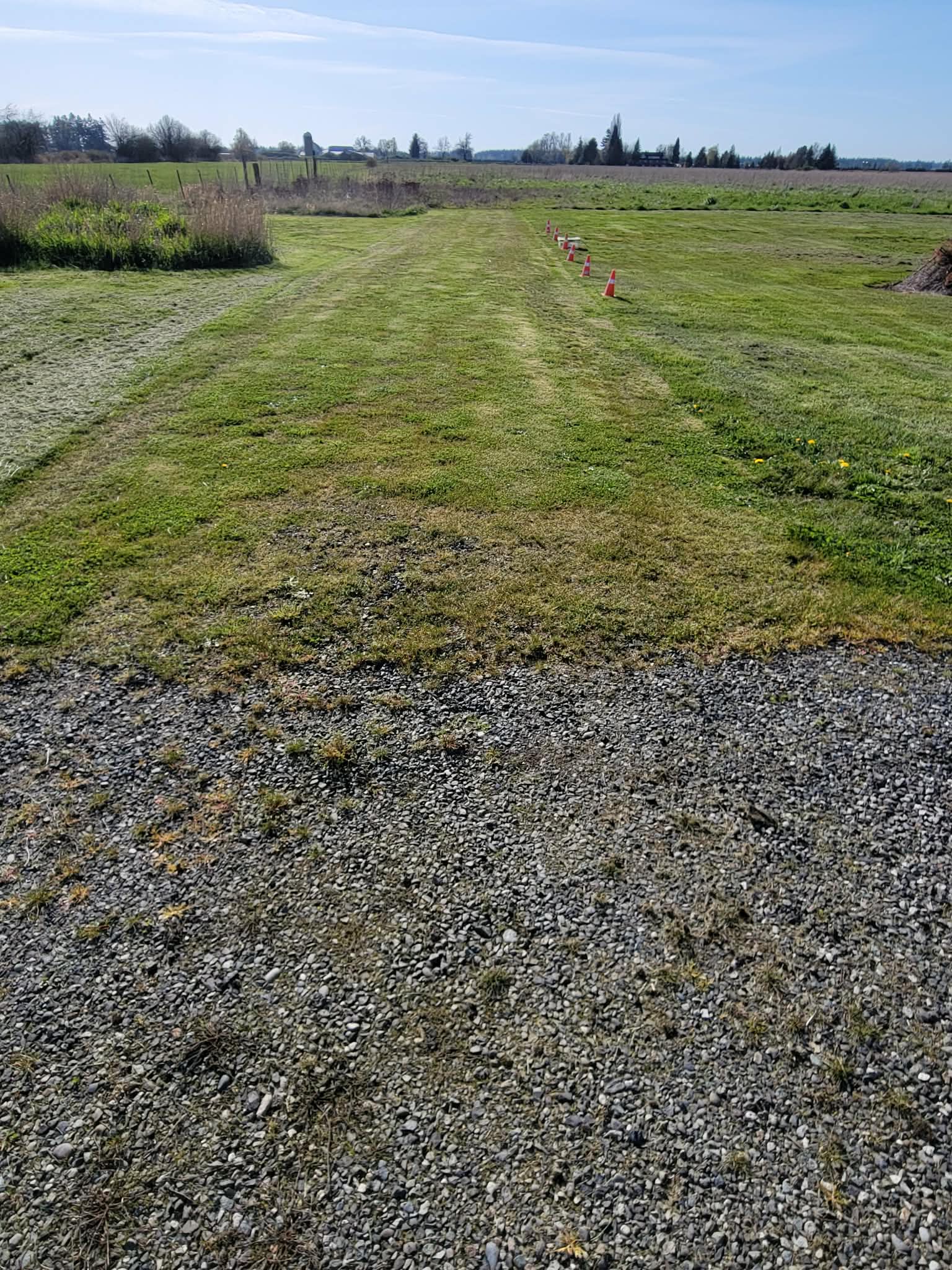 The grass grew up through gravel so it is safe to drive on. When I have a camper staying there I put out orange cones along the right edge. 