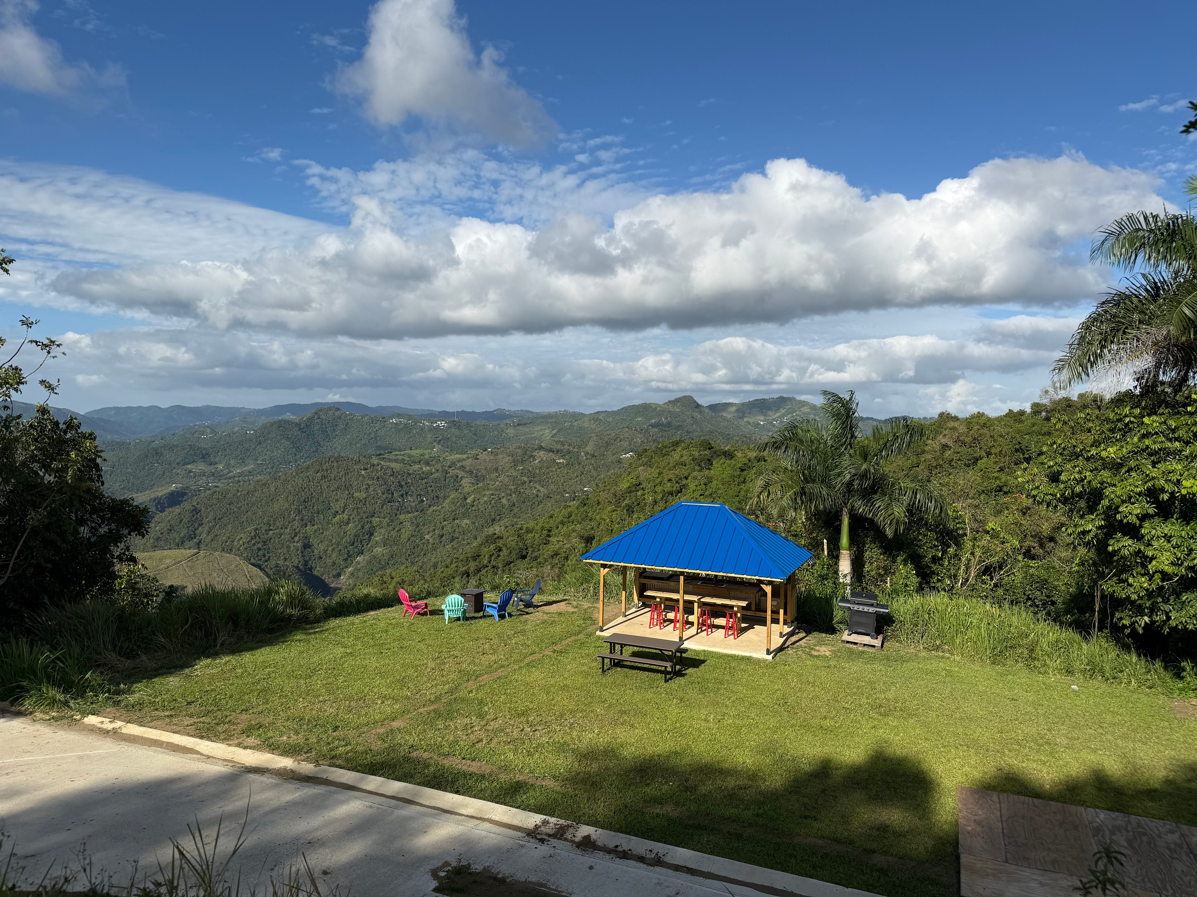 Outdoor kitchen, grill, picnic area and seating area with a propane fire pit. Plenty of space for outdoor games and additional tents