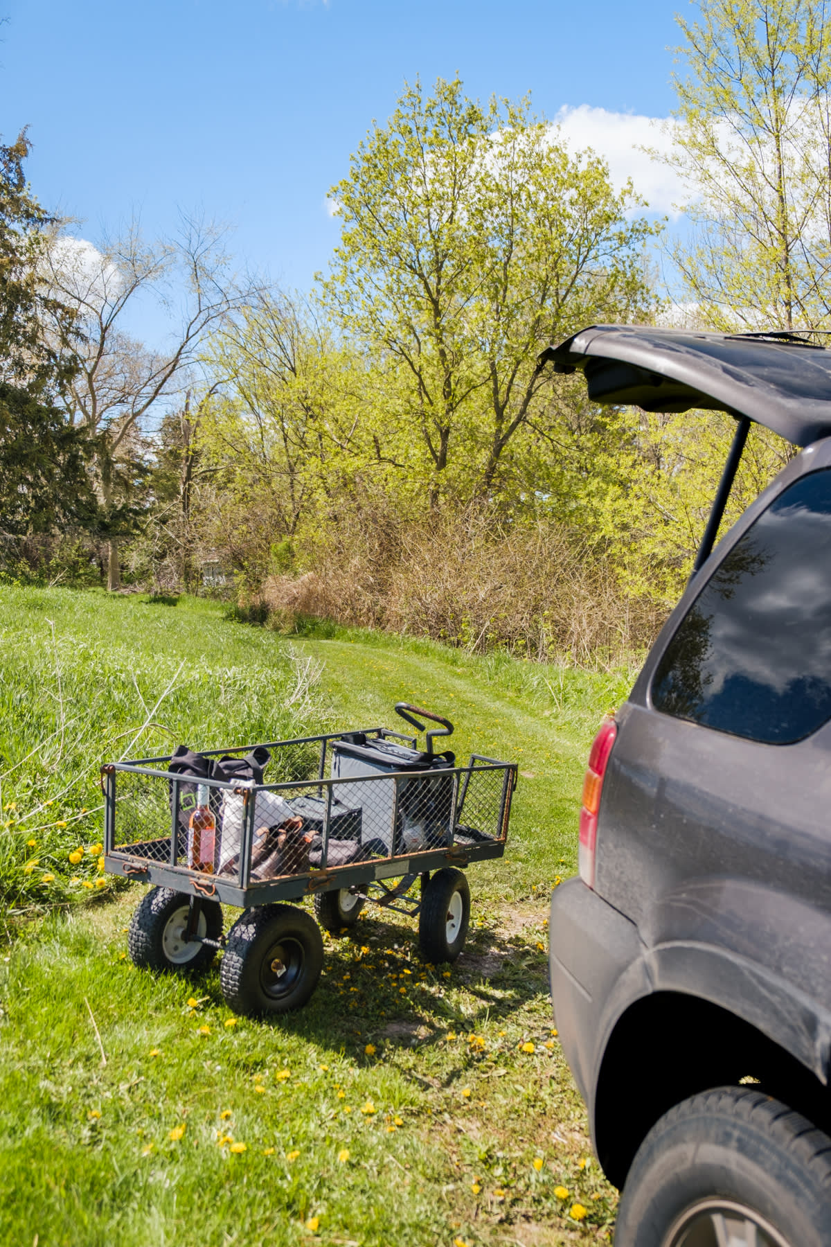 Load the little wagon with your stuff and head to the cabin. 