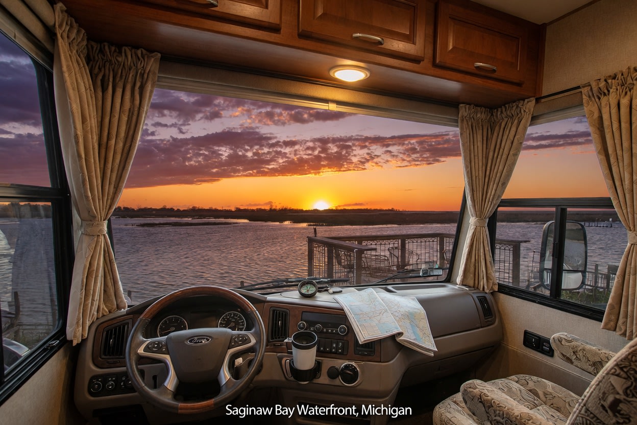 This is WaterFront, with an awesome Sunset. Deck has recessed lighting. Quanicassee River in front and the Saginaw Bay out the side window.