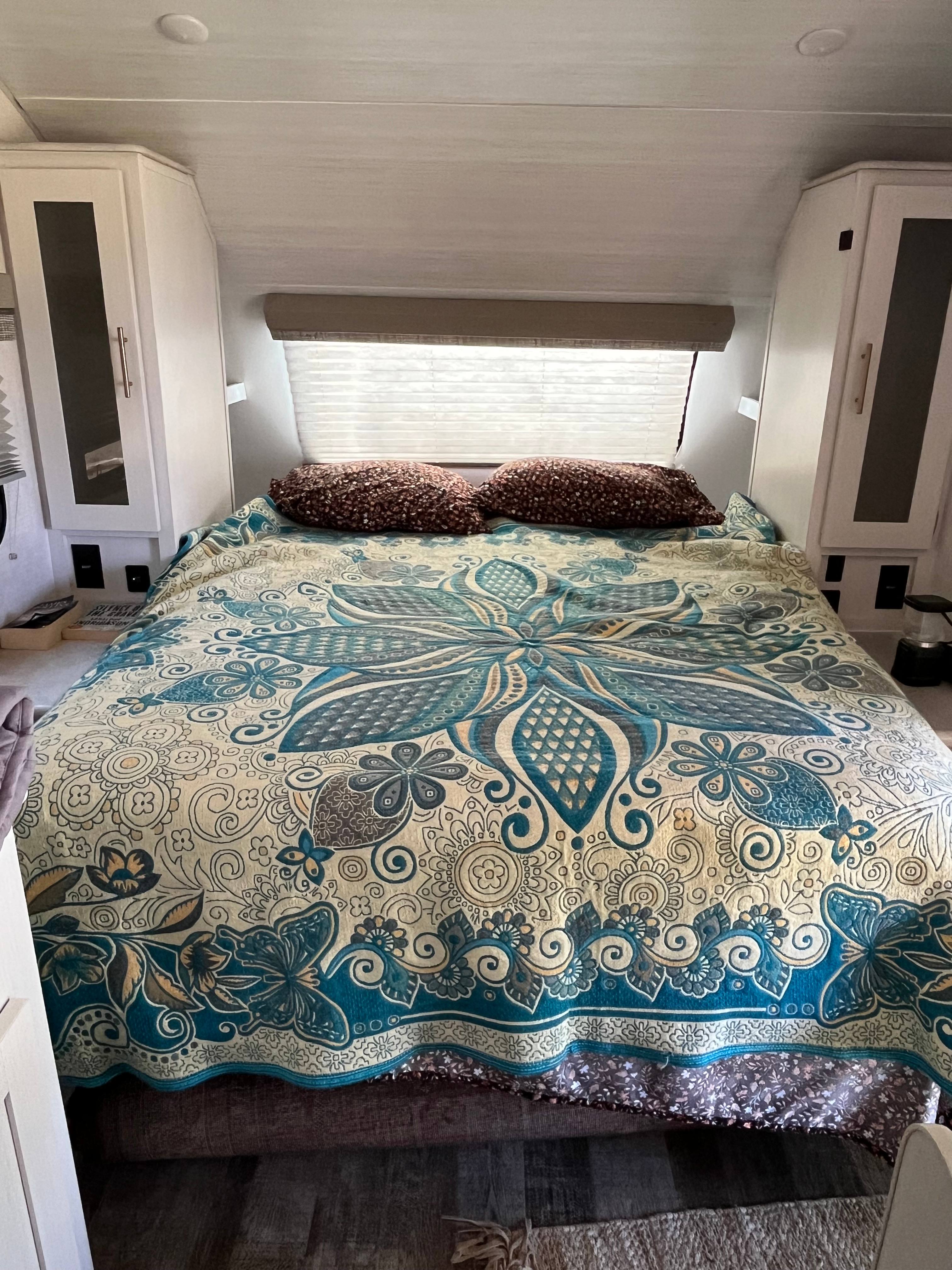Comfy pillow top queen size bed. You provide your own bedding. 