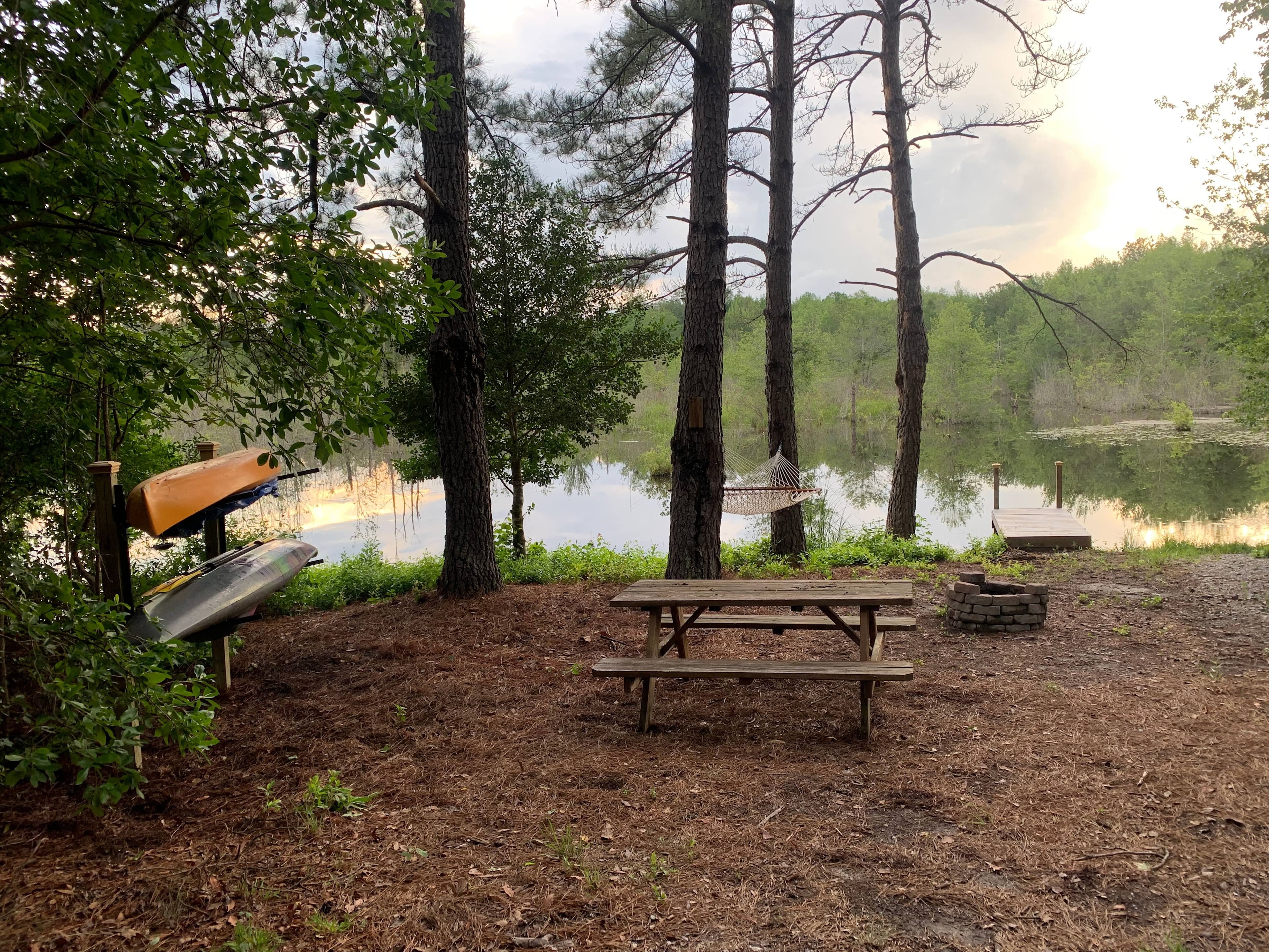 Picnic table, kayaks and paddles