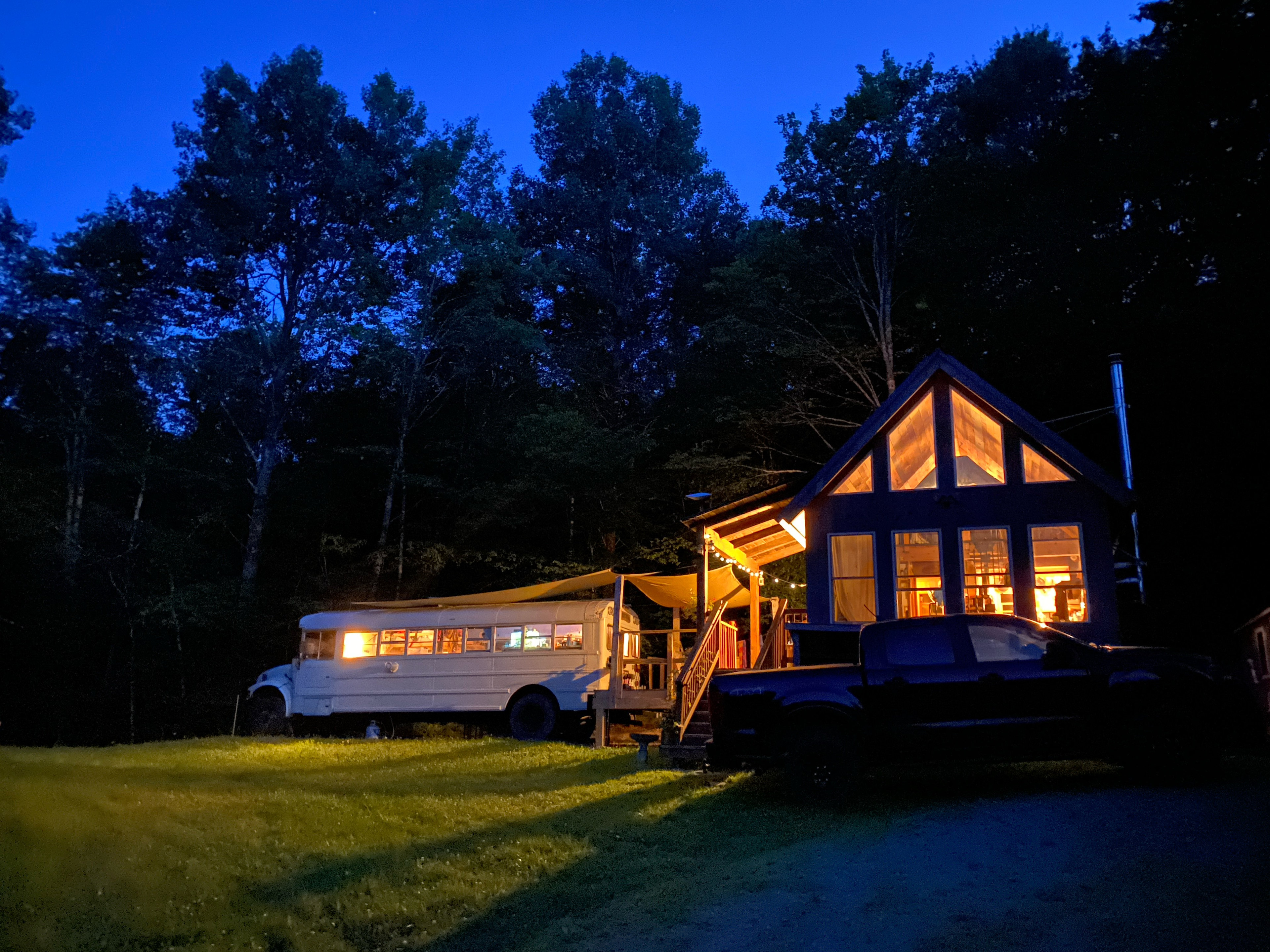 Your hosts timber frame cabin and skoolie camper. We're on-site from late June to late August. Sites are totally private, tucked into the woods.