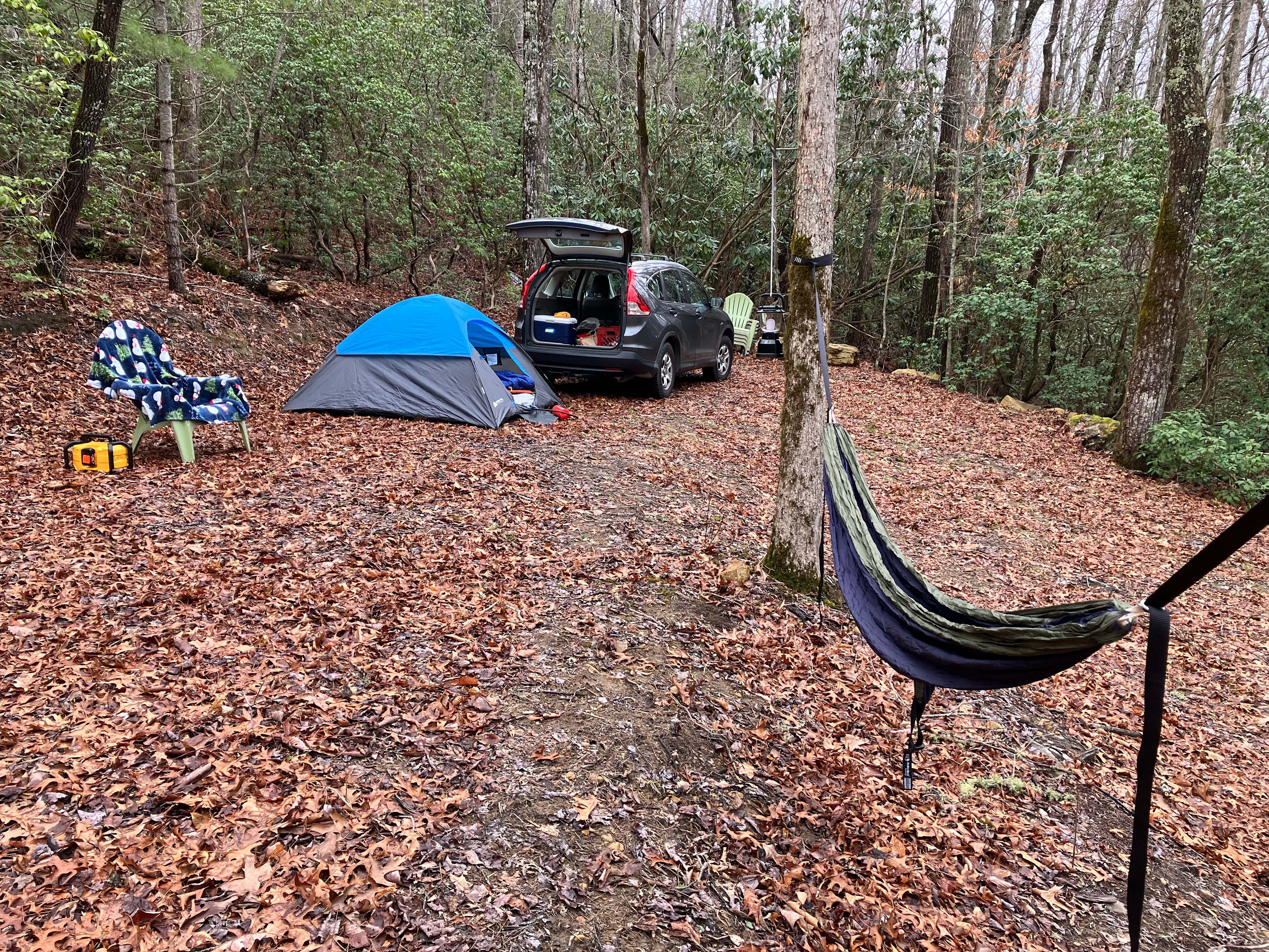 Large campsite at parking area.