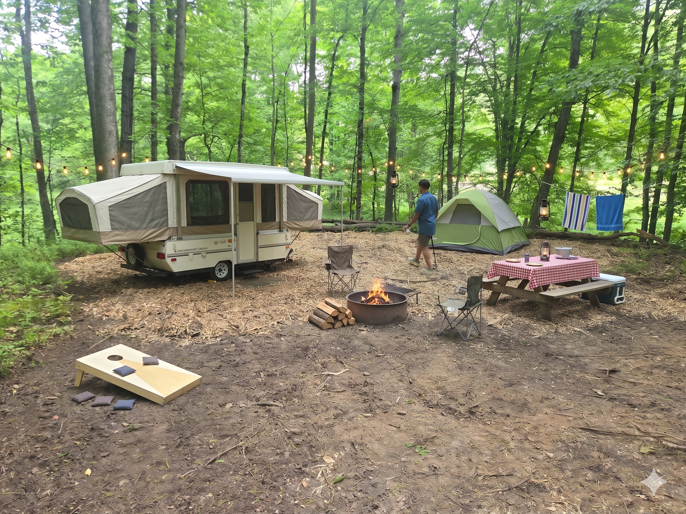 Site #5 Grouse Cove: Simulated setup. Plenty of room for a popup trailer, a few tents, games and gear. 