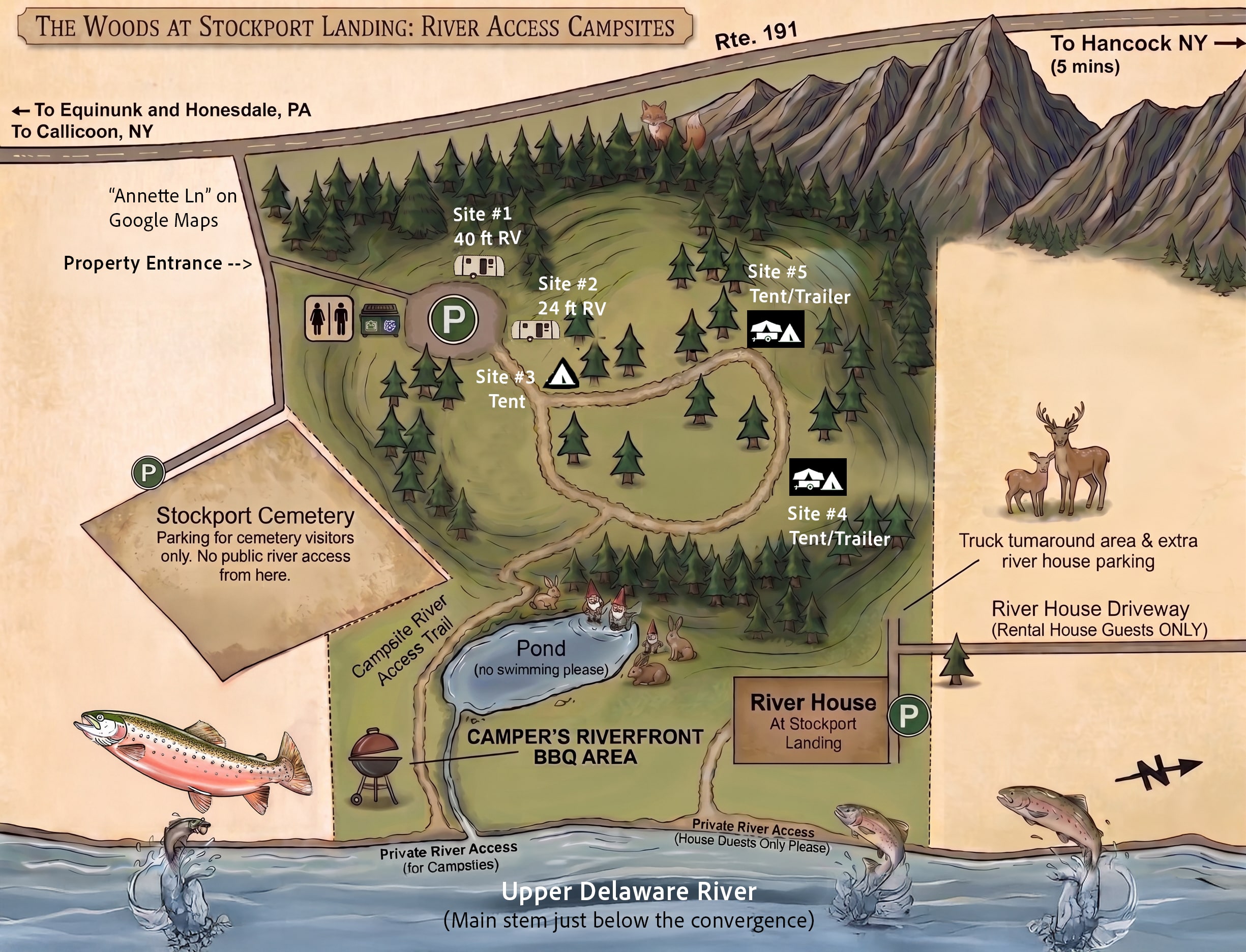 Camp layout. For scale, the parking area is a 2-3 minute walk from the waterfront. Sites 4 and 5 are the largest and most private. Sites 1 and 2 are best for larger vehicles and trailers. 