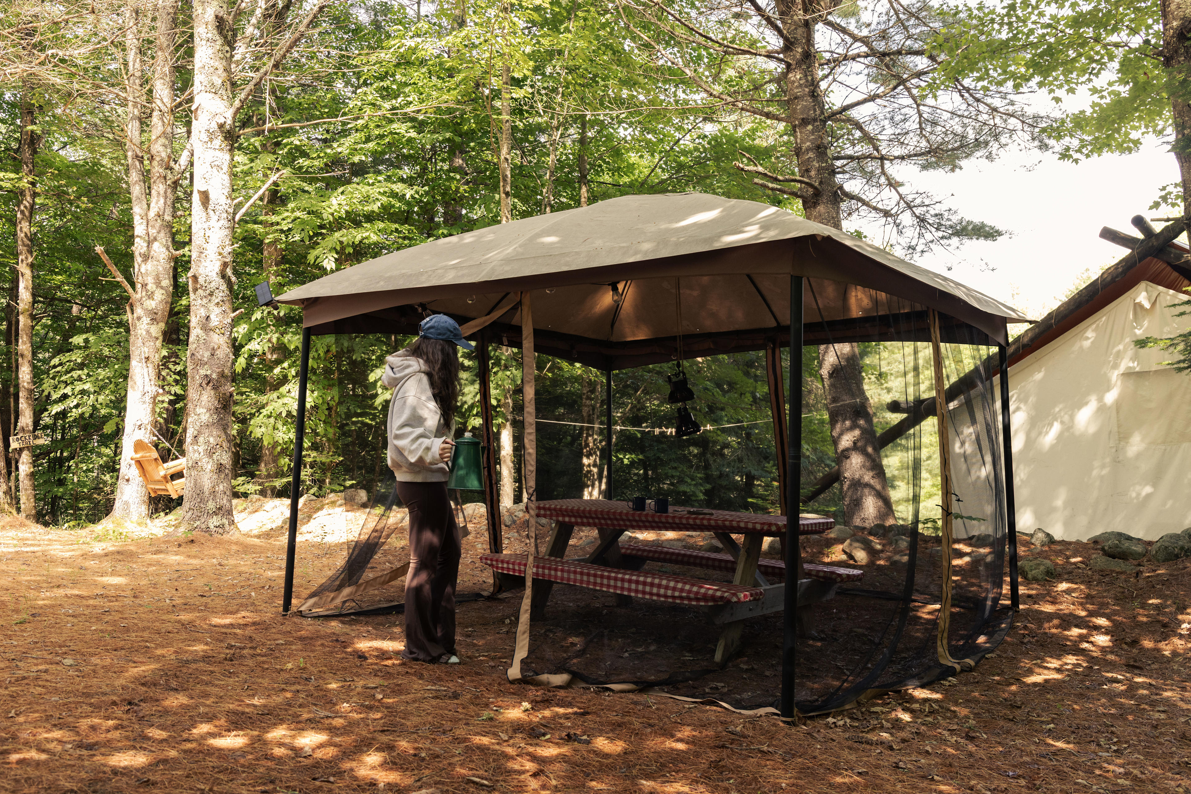 Picnic table enclosed in a bug net tent