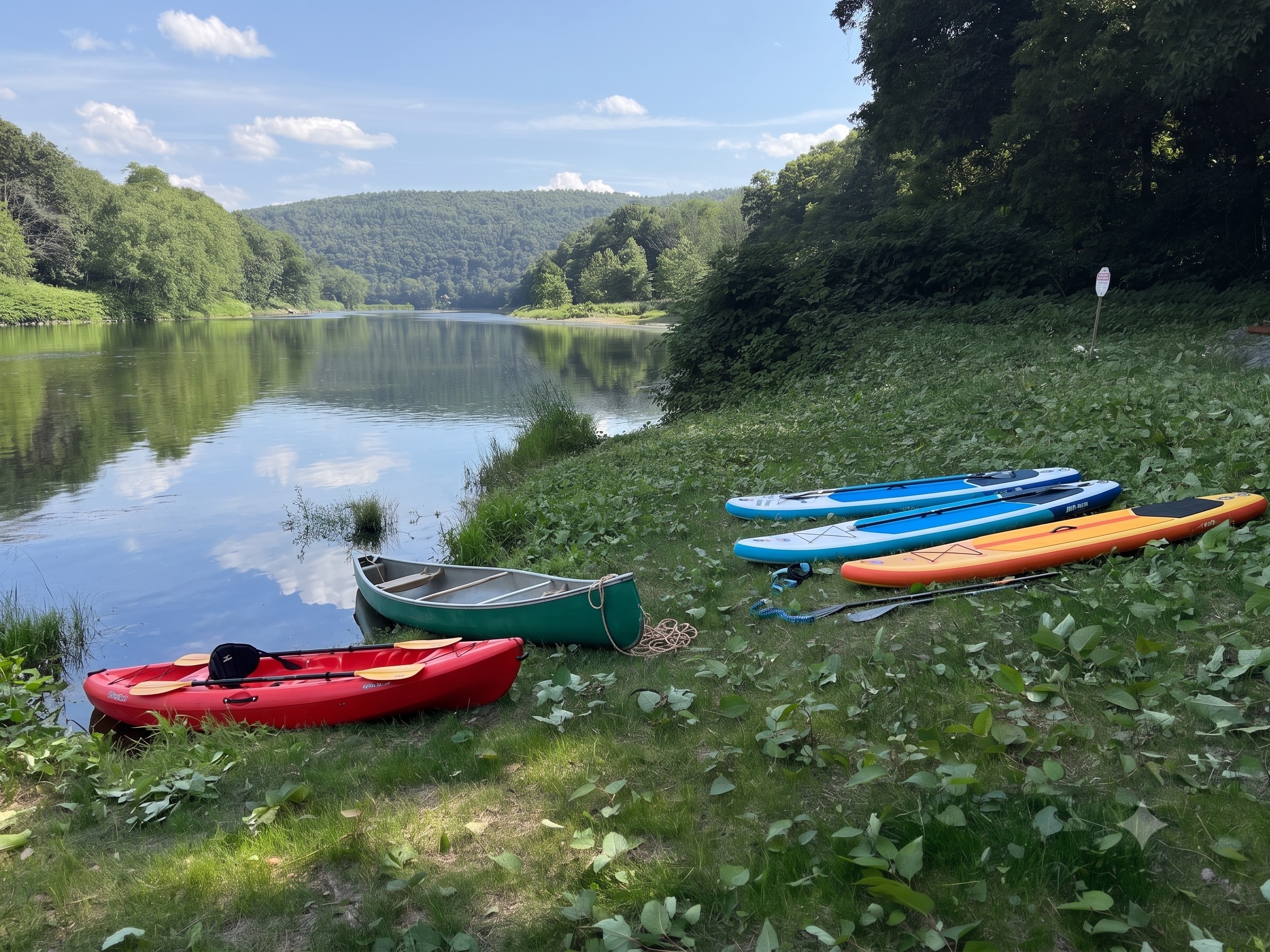 Launch your small hand-carried boats right from camp. The waterfront is less than a 2-minute portage from all campsites. Your trailered boats may launch at any nearby PA or NY boat ramp nearby. Trailers and boats can park overnight in our lot. 