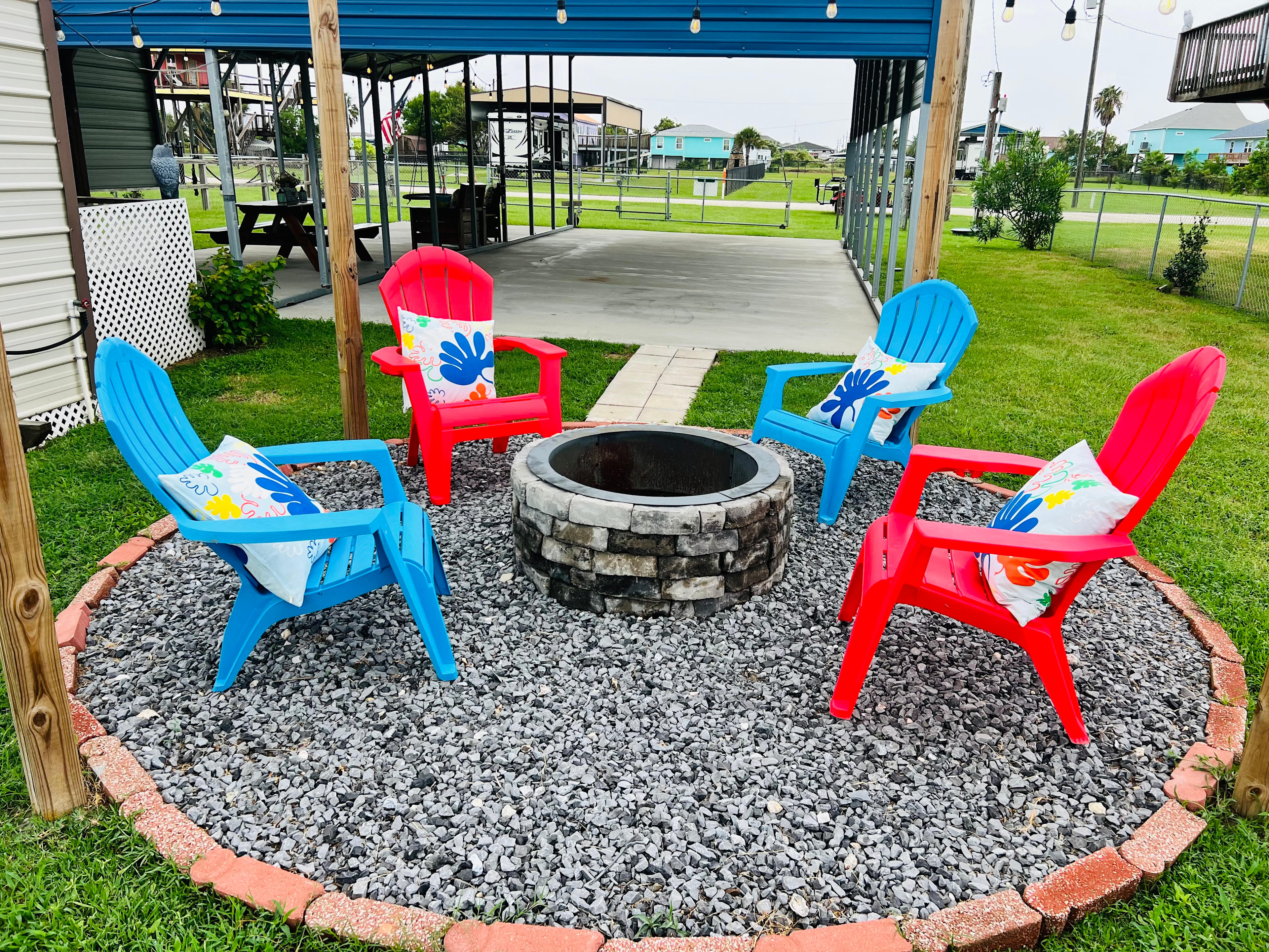 We provide chairs for the firepit and a picnic table for your meals. 