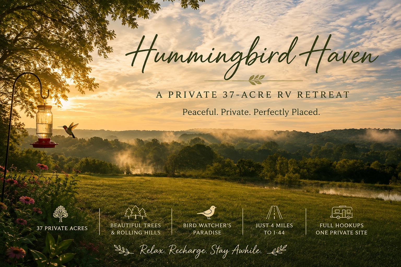Hummingbird Haven: Private 37-Acre Retreat (1 Site w/Full Hookups)