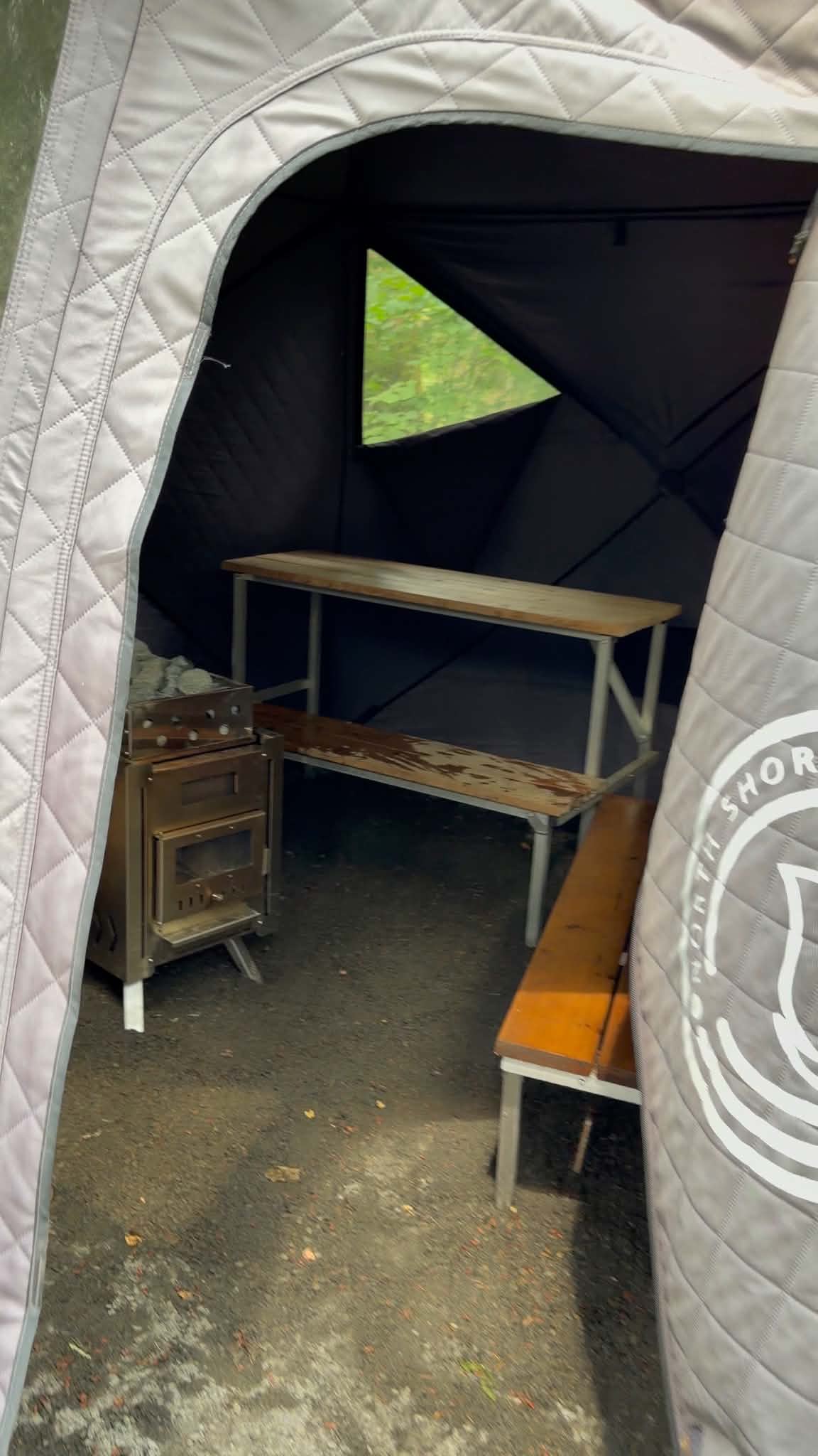 Guest amenity area: Inside our 4-person wood-fired tent sauna. 
SAUNA CURRENTLY UNAVAILABLE
Wood-fired sauna prohibited during current burn restrictions.