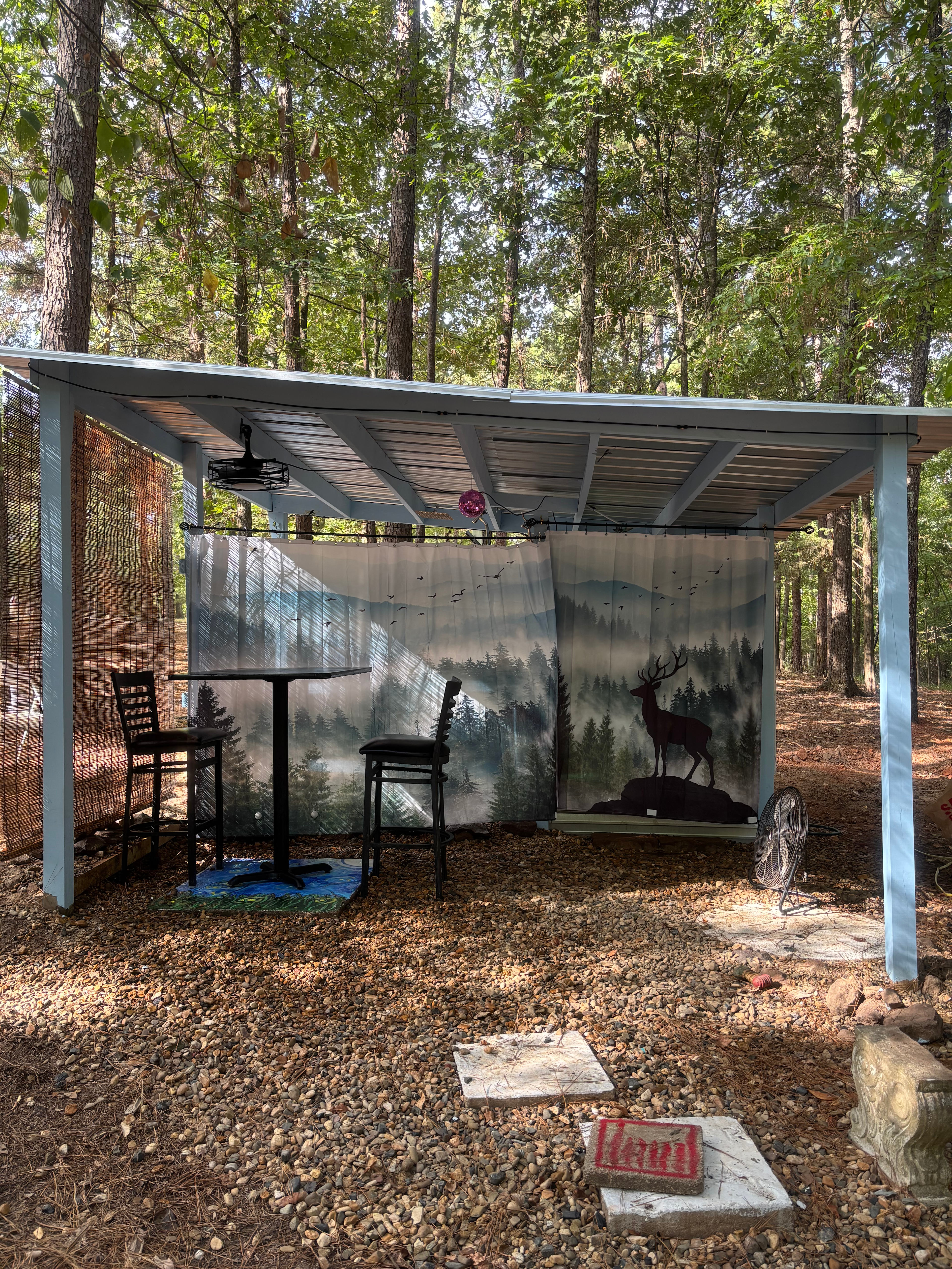Shower house and flushing toilet