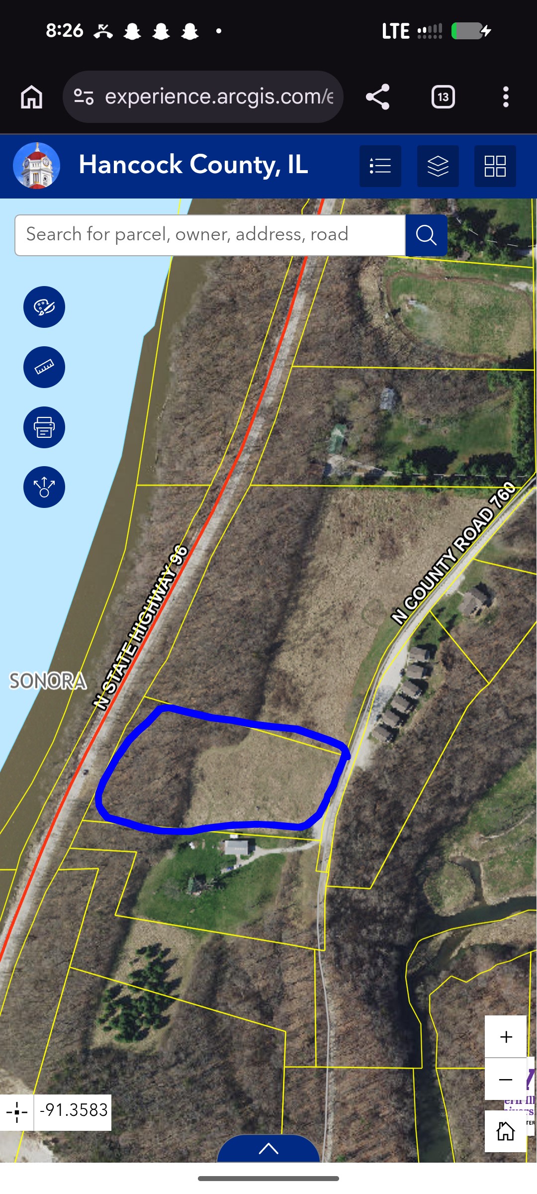 Another picture of the property over river highlighted in blue. It has mowed grass pastures so weather is a factor but have a gravel lot if soft/muddy.