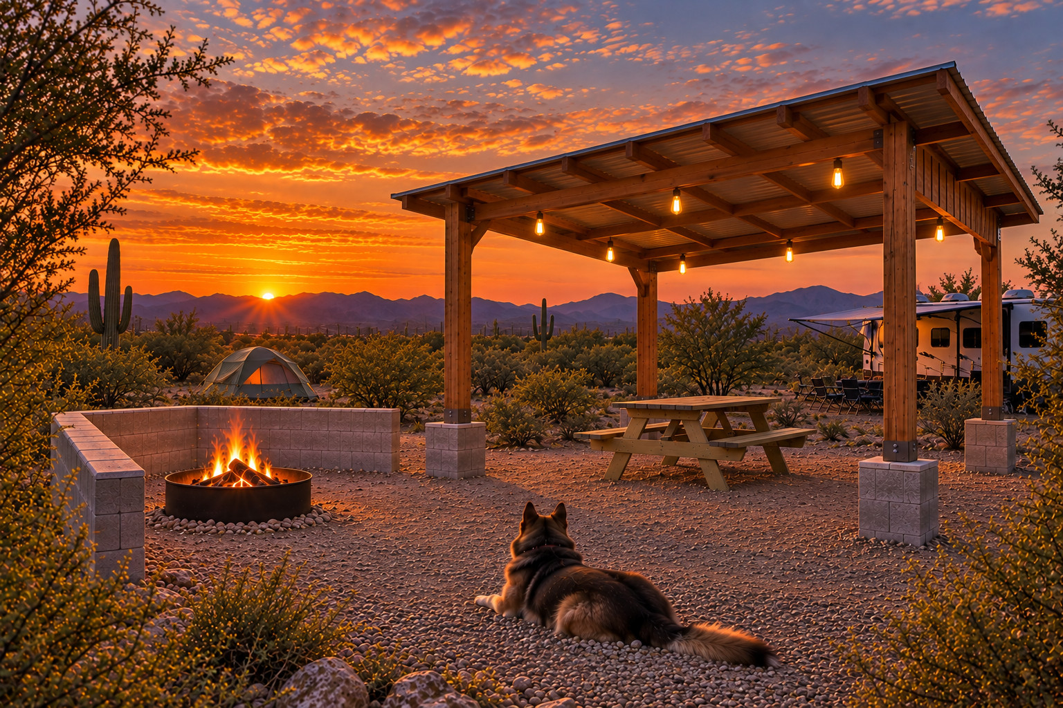 Settle in for a Sonoran Desert sunset at Iron Quail Ranch—campfire, mountain views, dark skies, and a quiet place to unwind.