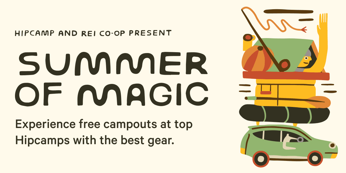 an image with text Summer of Magic Campout Series, on the right there is an illustration of a tent above a car