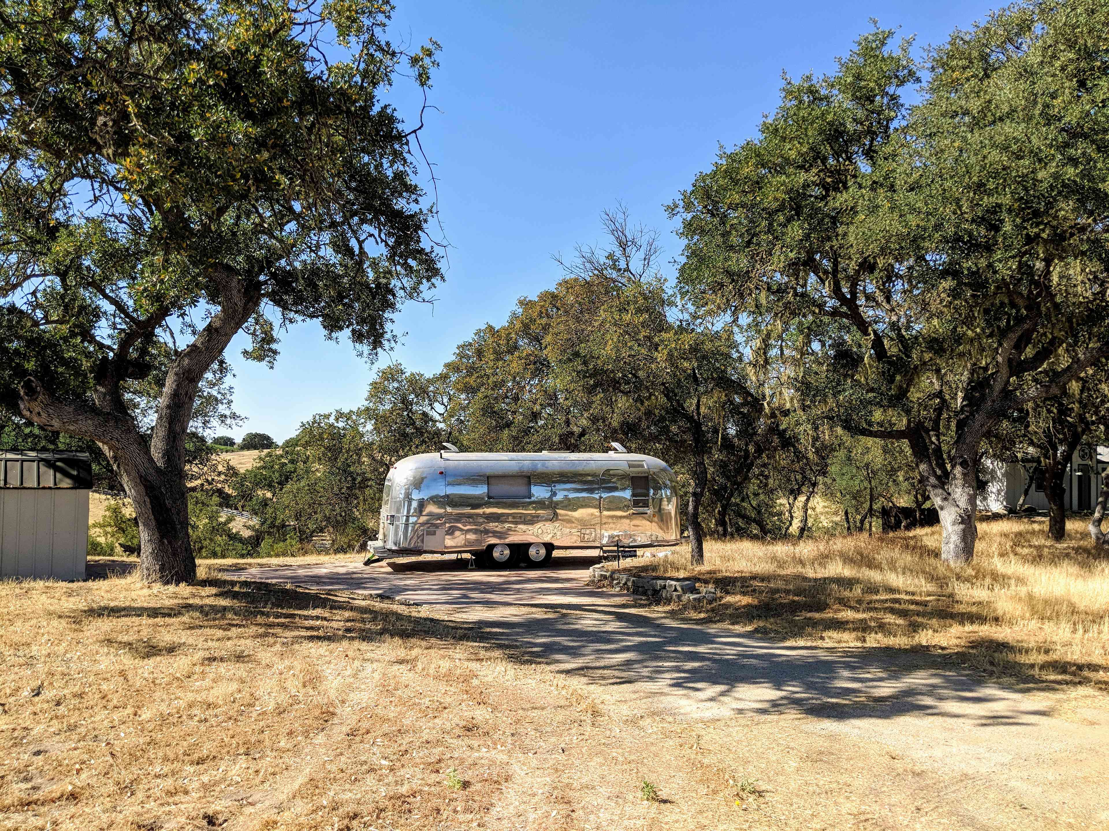 Zeppelin sits on her own concrete pad surrounded by moss covered oaks and with views of rolling hills, vines, and wildlife. 